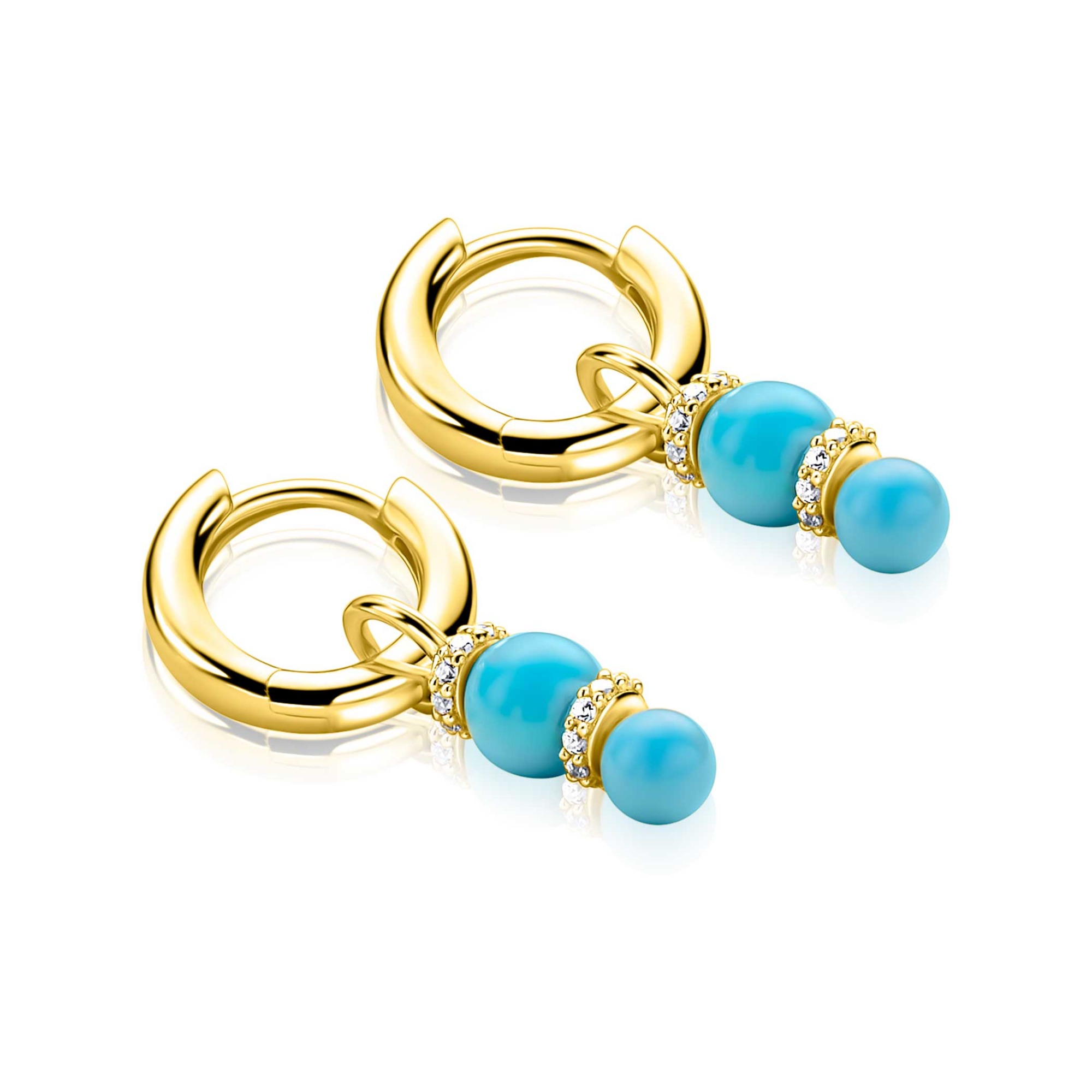 16mm ZINZI gold plated zilveren oorbedels met twee turquoise parels onder elkaar waarbij de top is bezet met witte zirconia's ZICH2864T (zonder oorringen)
