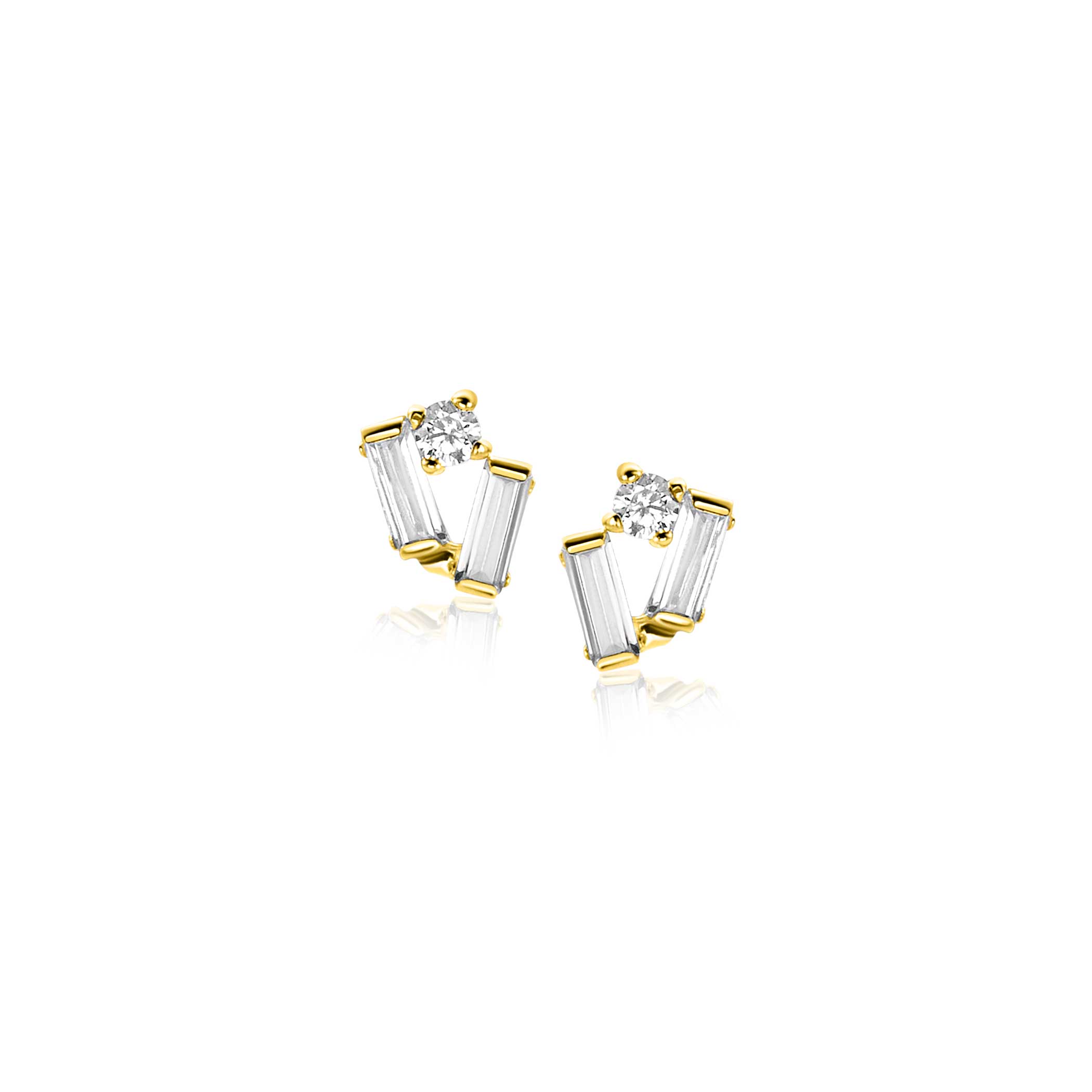 6mm ZINZI Gold 14 krt gouden fantasie oorstekers bezet met rechthoekige baguette geslepen witte zirconia's en een ronde witte zirconia ZGO465
