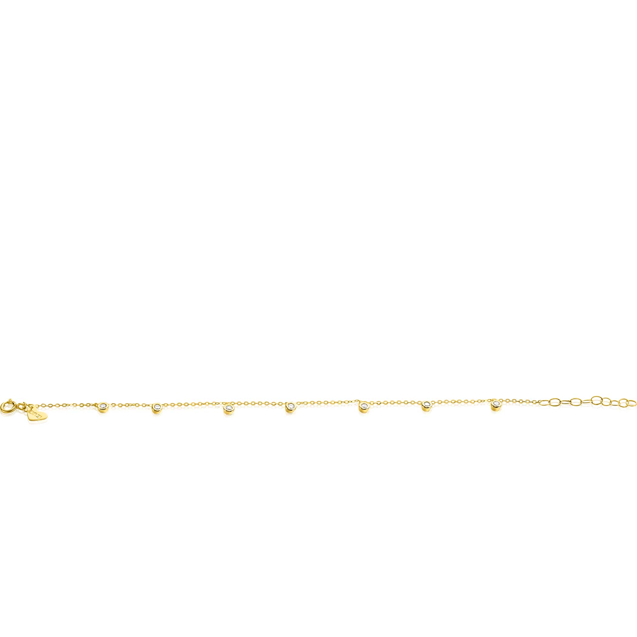 ZINZI Gold 14 krt gouden armband met zeven ronde hangertjes, bezet met witte zirconia's 15,5-18,5cm ZGA451
