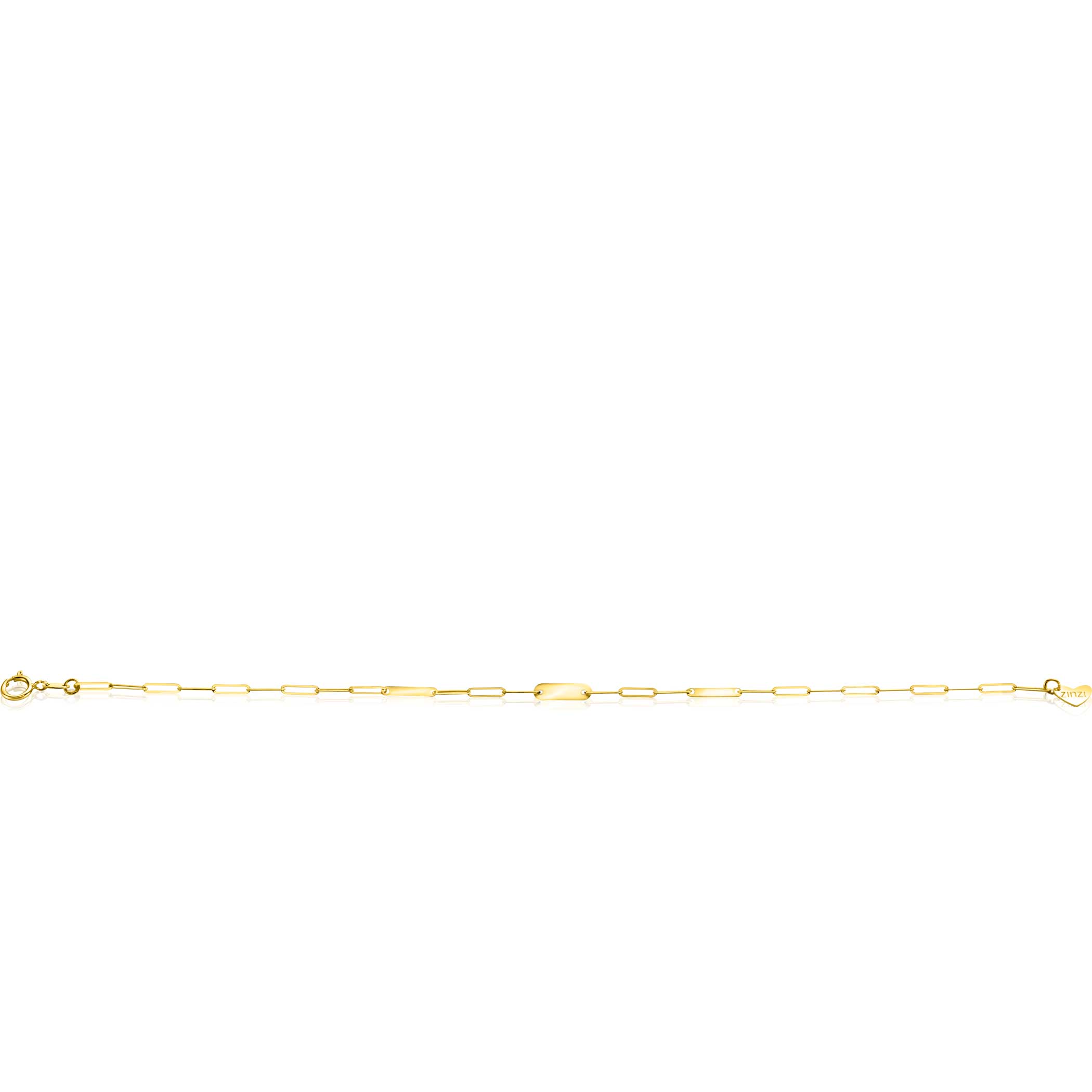 ZINZI Gold 14 krt gouden schakelarmband met paperclip schakels (1,8mm breed) en drie gladde plaatjes 19cm ZGA443
