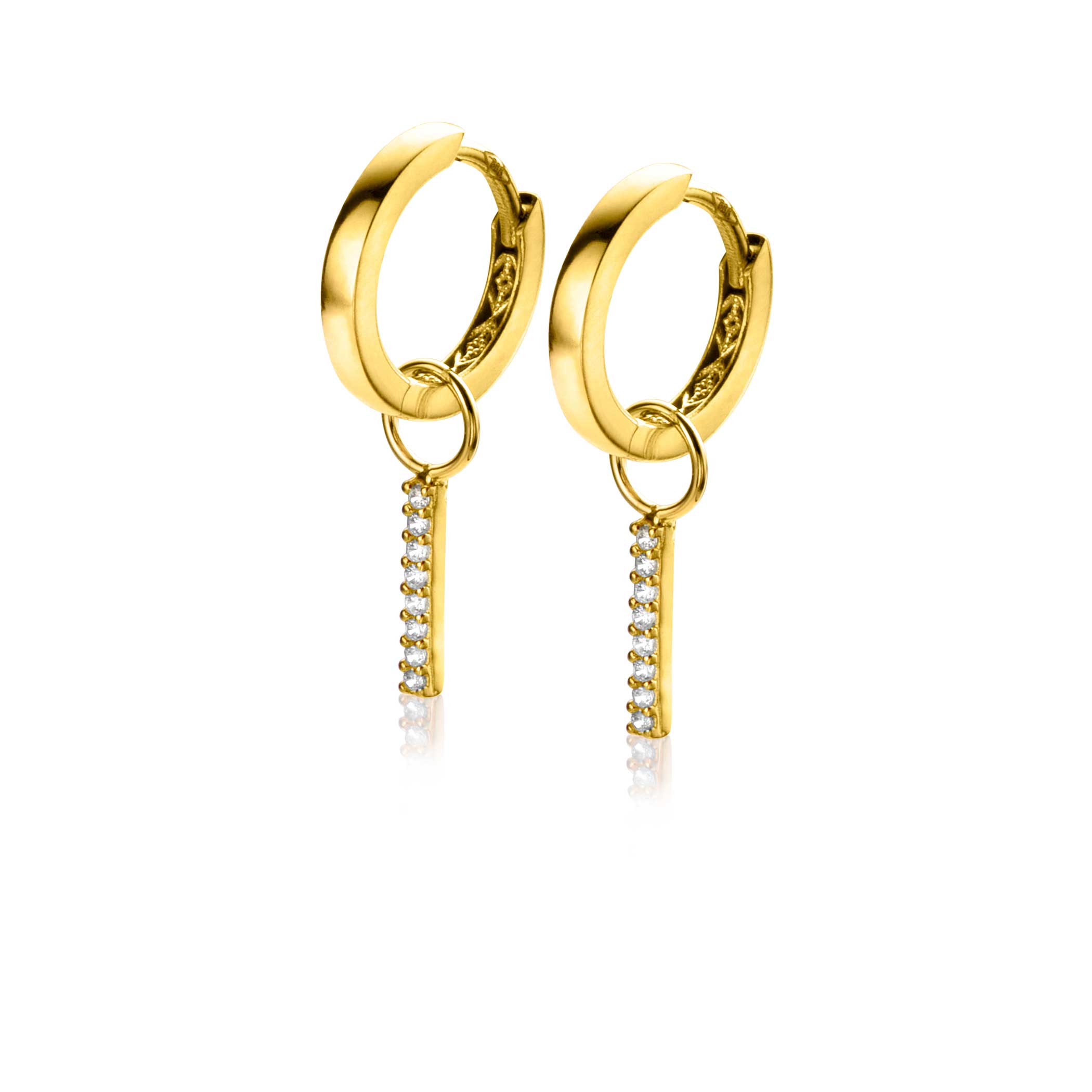ZINZI Gold 14 krt gouden oorbedels staafje bezet met witte zirconia's 10mm ZGCH387 (zonder oorringen)