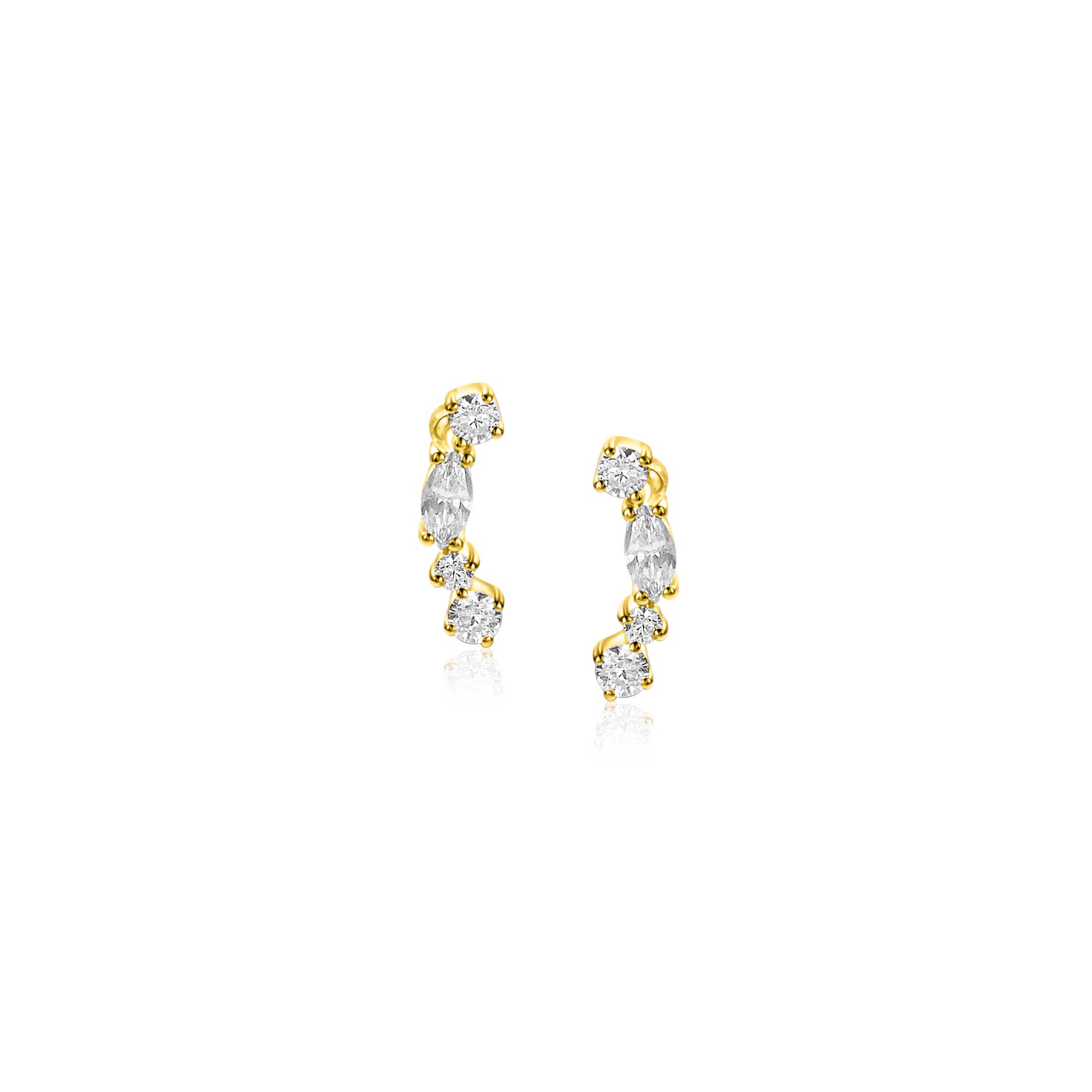 10mm ZINZI Gold 14 krt gouden fantasie oorstekers bezet met vierkante en peervormige witte zirconia's ZGO464
