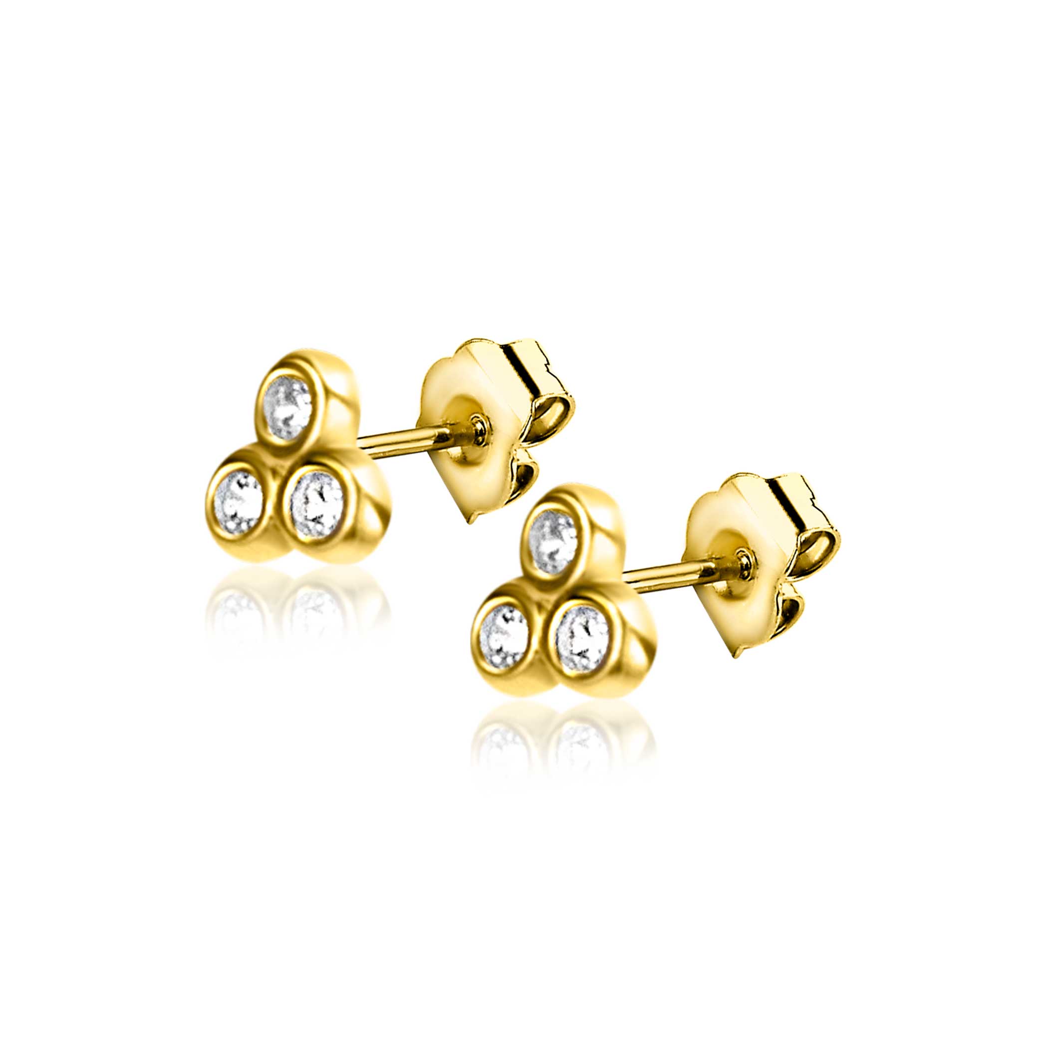 3mm ZINZI Gold 14 krt gouden oorknoppen met drie witte zirconia's in driehoekvorm gezet ZGO412
