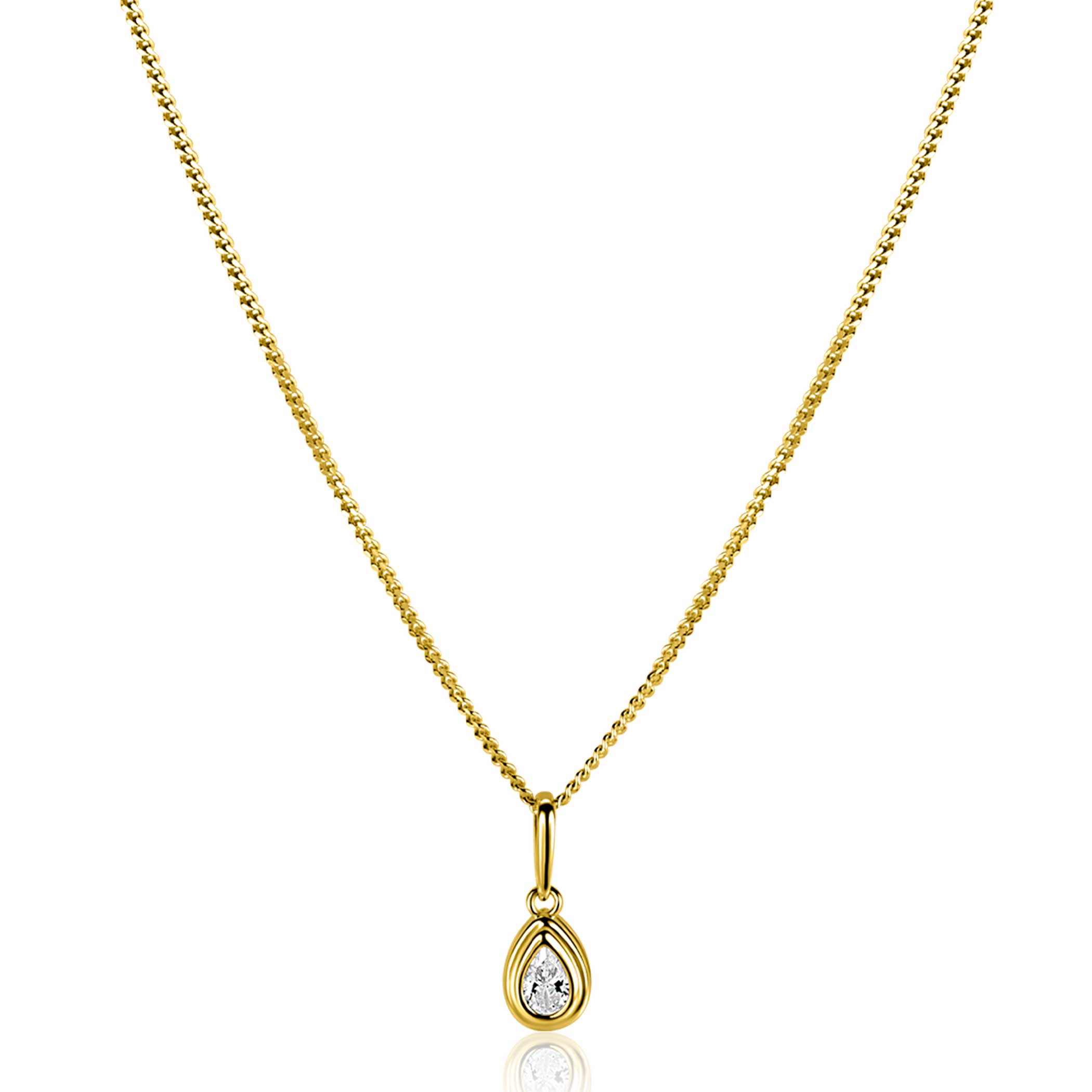 13mm ZINZI Gold 14 krt gouden hanger met druppelvormige witte zirconia in bewerkt kastje ZGH559 (zonder collier)
