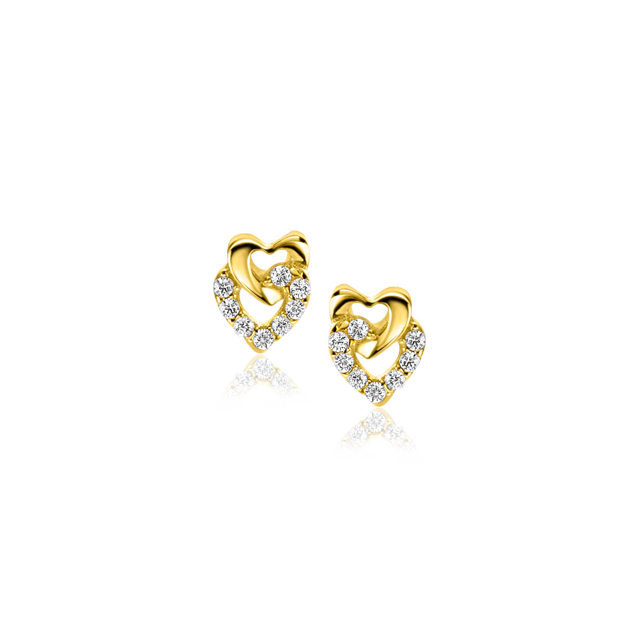 6mm ZINZI Gold 14 krt gouden oorstekers verbonden open hartjes, glad en bezet met witte zirconia's ZGO472
