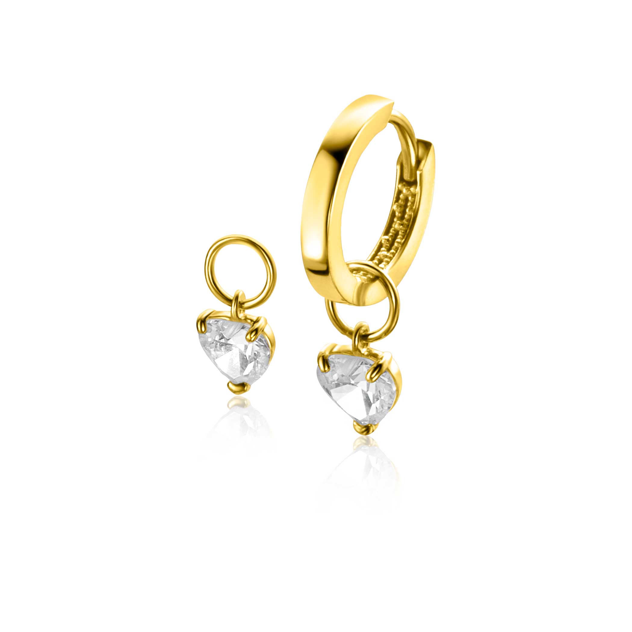 ZINZI Gold 14 krt gouden oorbedels in hartvorm bezet met witte zirconia 5mm ZGCH422 (zonder oorringen)