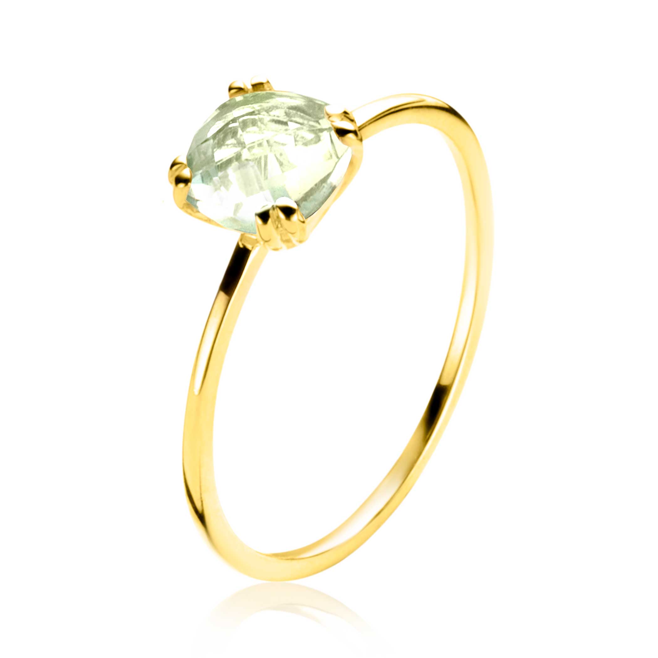 ZINZI 14 krt gouden ring waarbij een lichtgroene amethist (6mm) een vierkante chatonzetting ZGR376