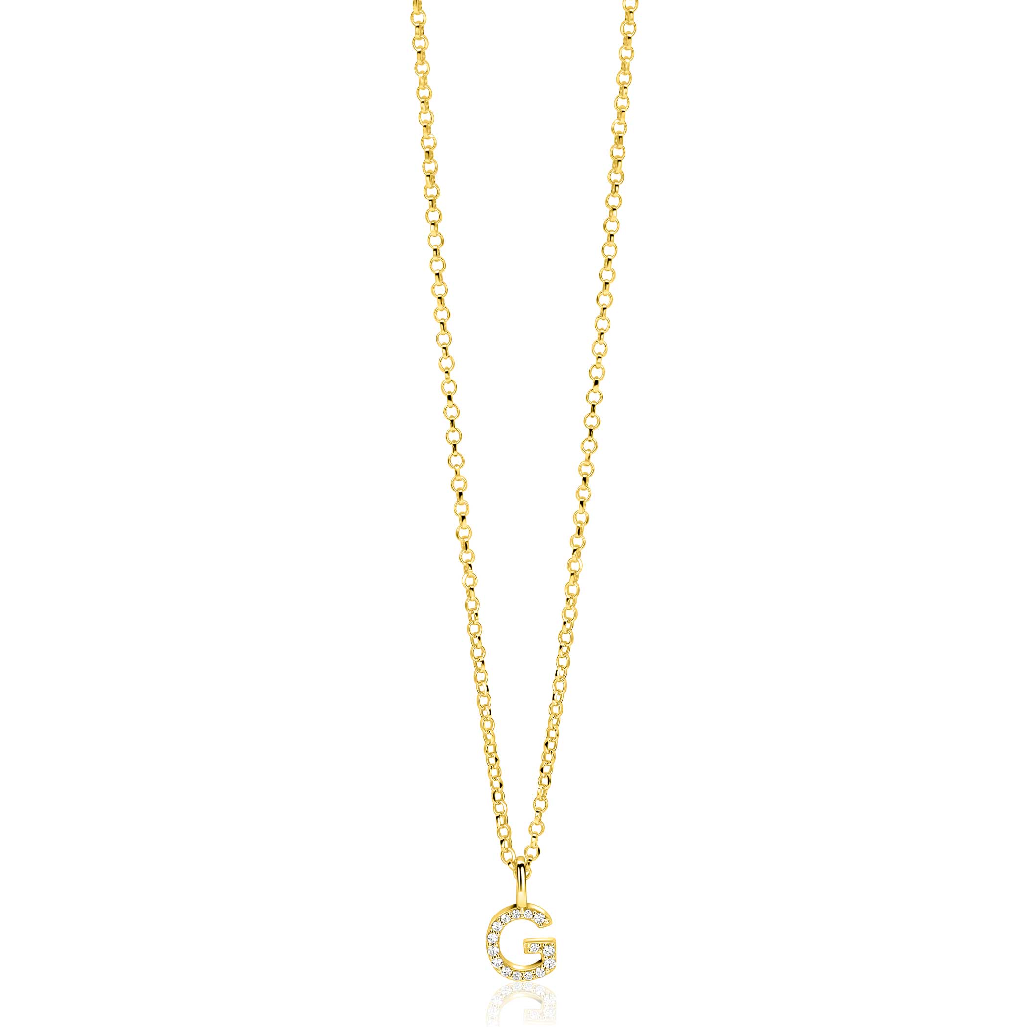 ZINZI gold plated zilveren letter hanger G bezet met witte zirkonia's ZIH2828-G (zonder ketting)