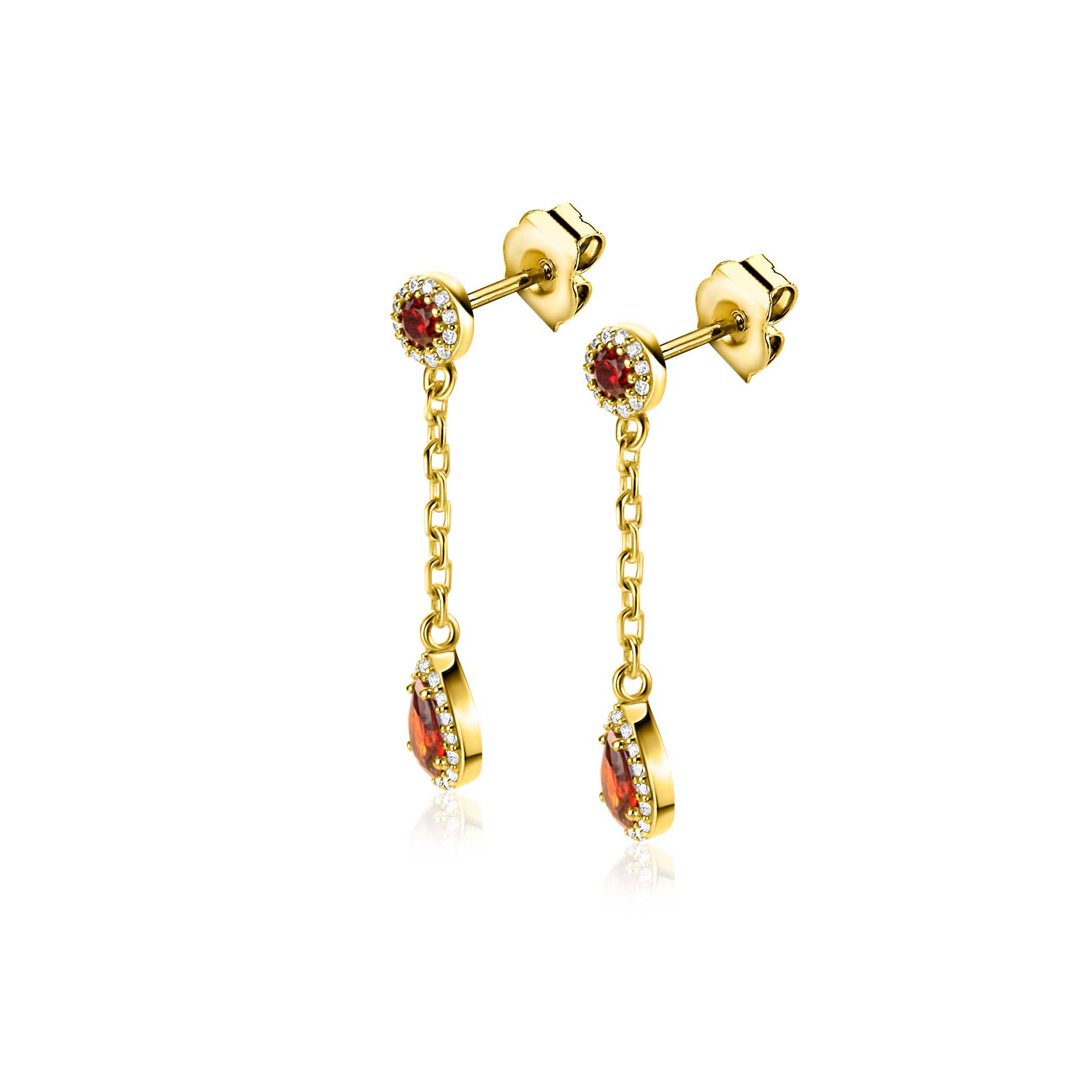 25mm ZINZI gold plated zilveren oorstekers met schakelkettinkje en druppelvormige rood granaat kleursteen en witte zirconia's ZIO2560