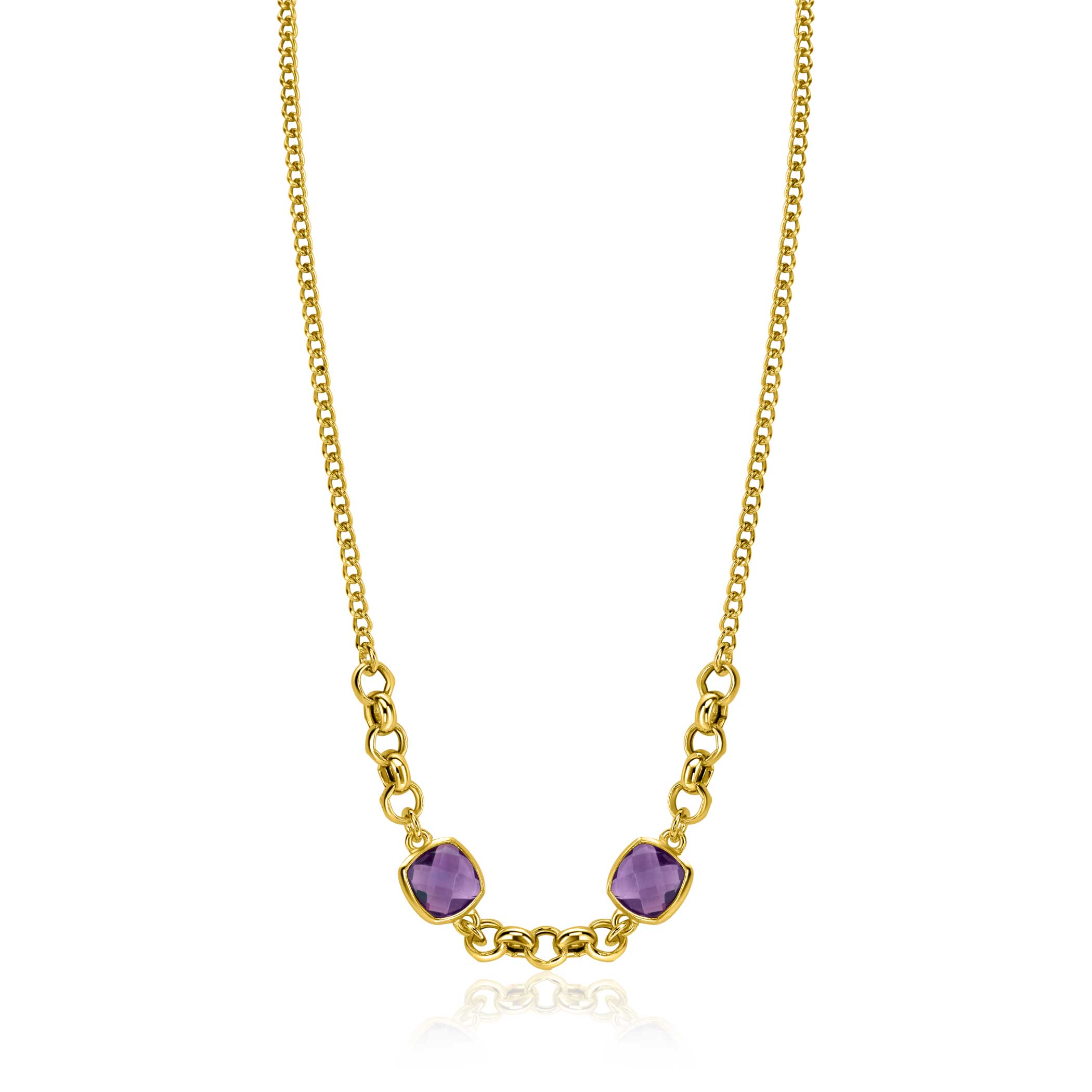 ZINZI gold plated zilveren gourmet schakel ketting met twee vierkante paarse kleurstenen 40-45cm ZIC-BF122