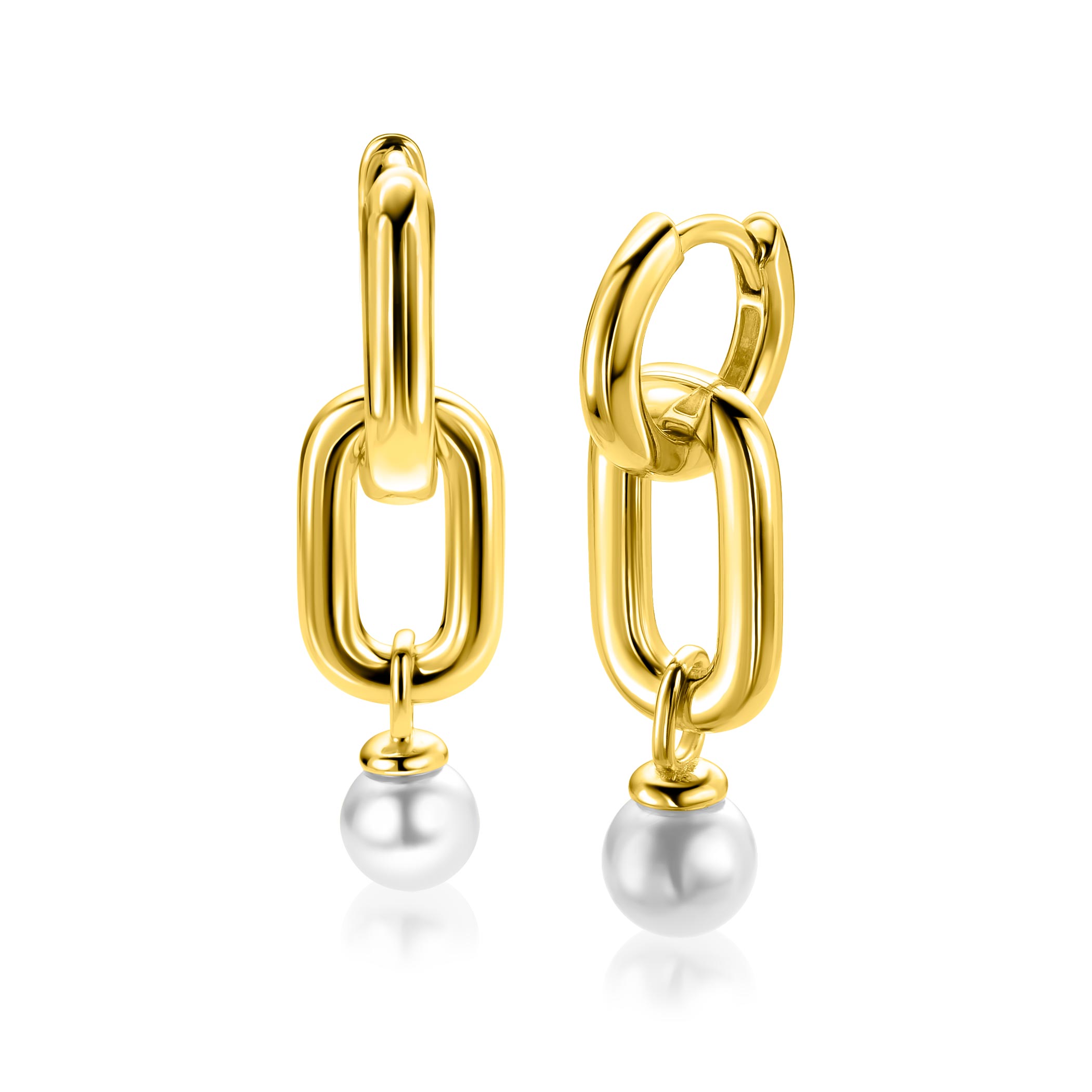 23mm ZINZI goldplated zilveren oorbedels met een langwerpige stoere schakel en witte parel ZICH2821G (zonder oorringen)