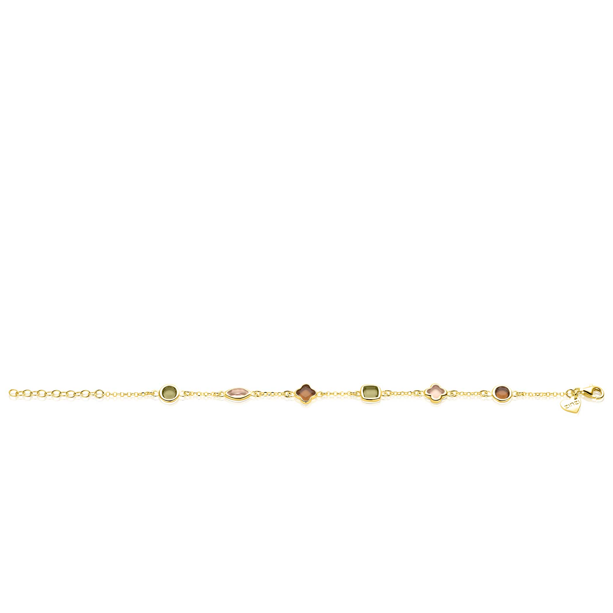 ZINZI gold plated zilveren fantasie armband met speelse vormen bruin en olijfgroen ZIA2771