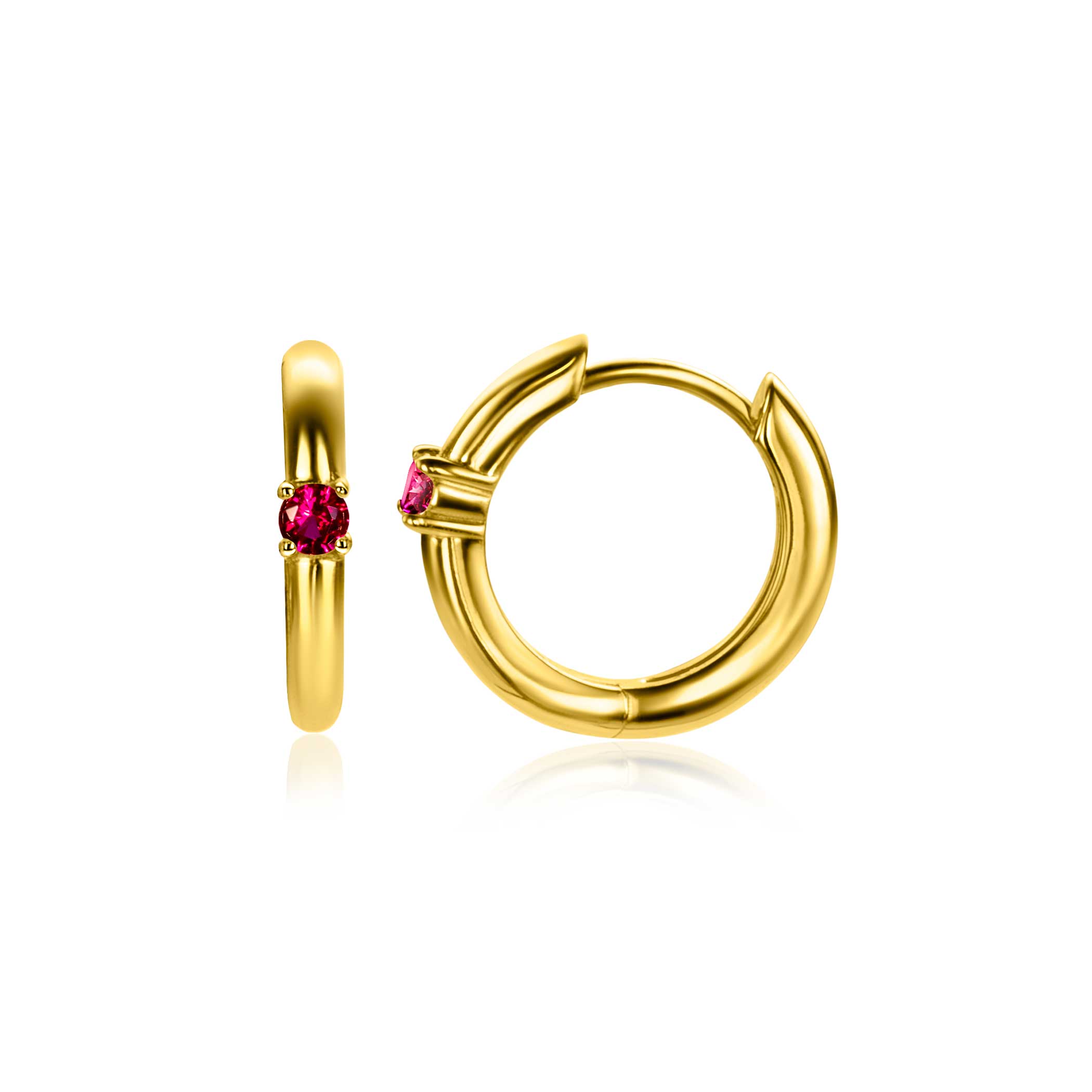 JULI oorringen 13mm gold plated met geboortesteen rood robijn zirconia 
