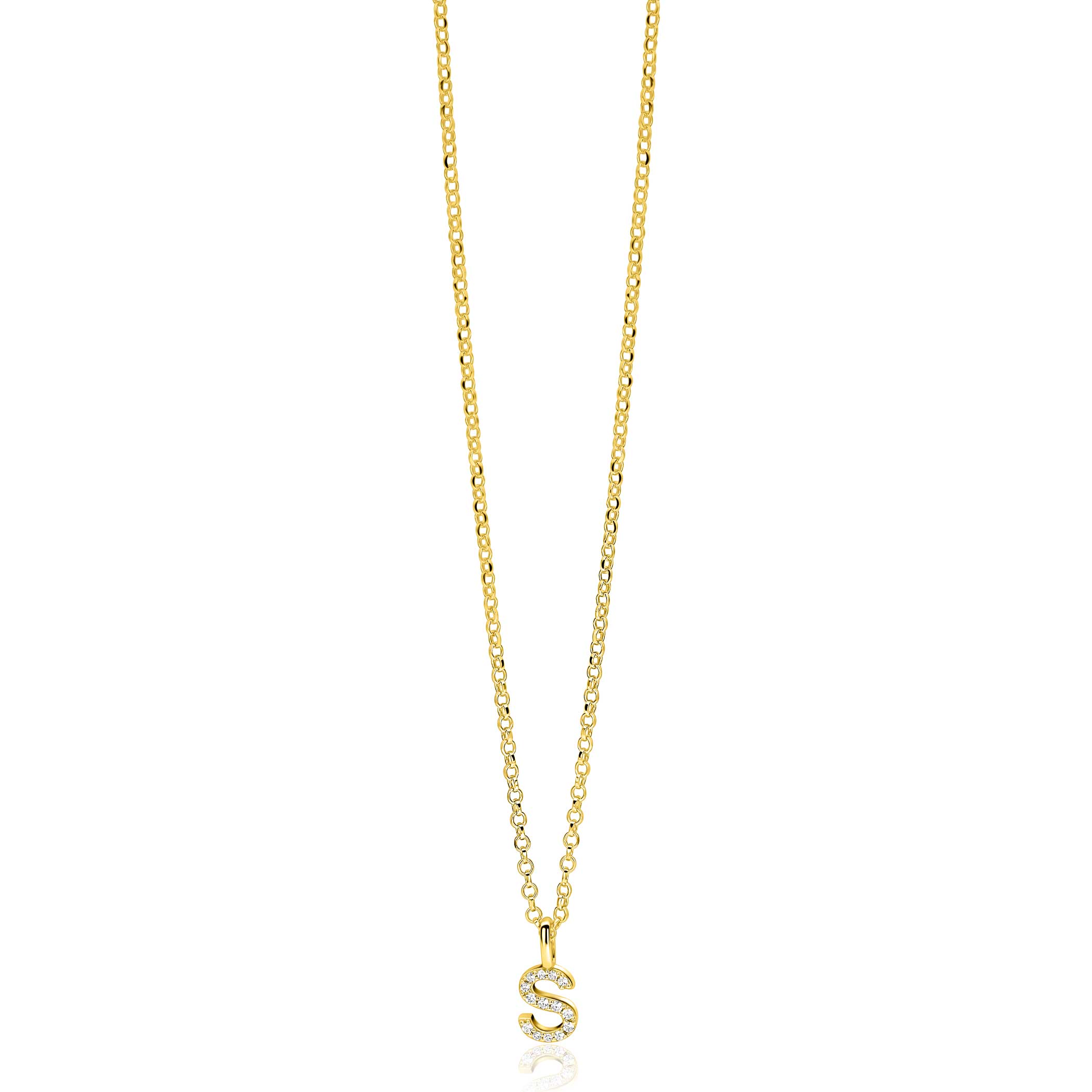 ZINZI gold plated zilveren letter hanger S bezet met witte zirkonia's ZIH2828-S (zonder ketting)