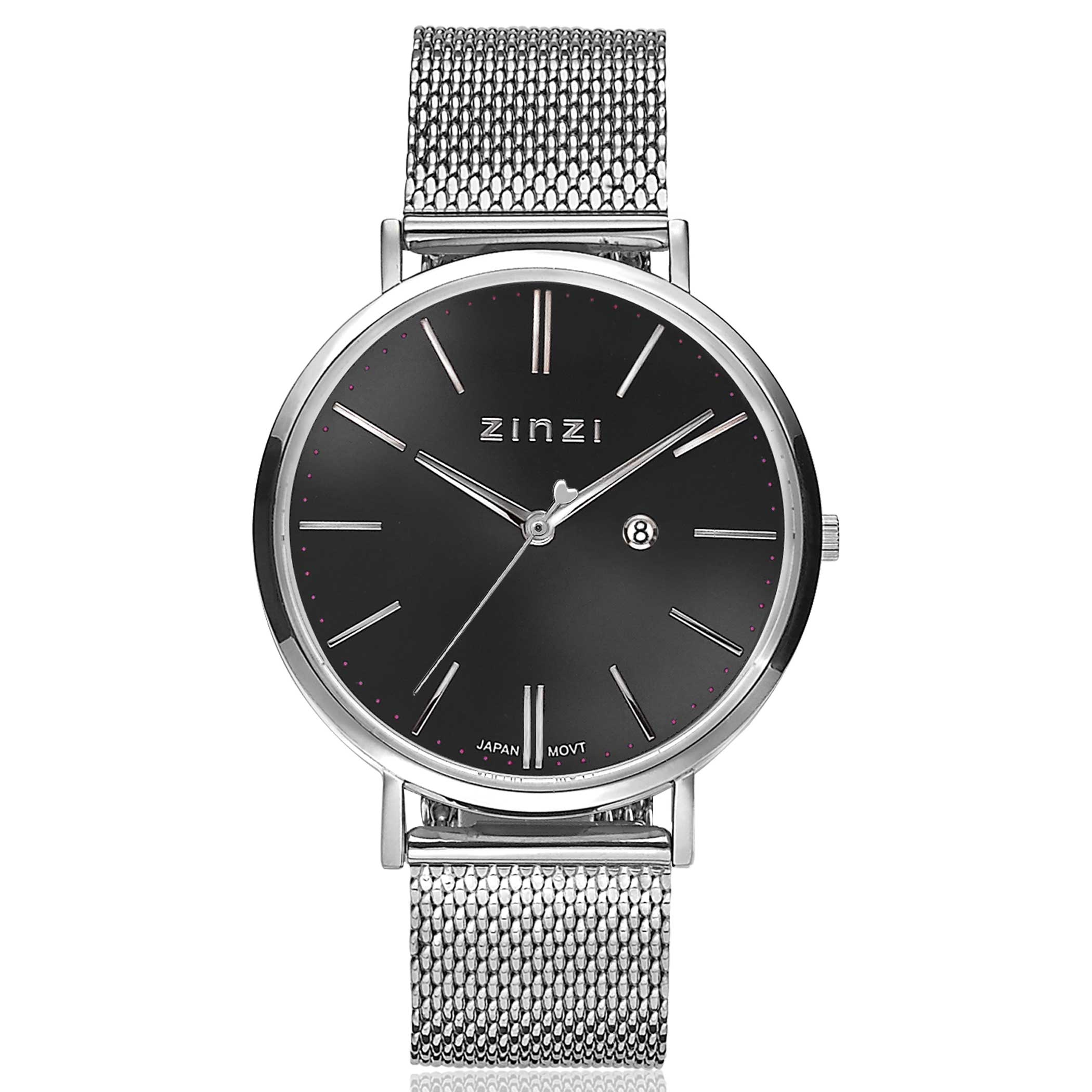 Zinzi Retro horloge zwarte wijzerplaat zilvergekleurde kast stalen mesh band 38mm extra dun ZIW401M