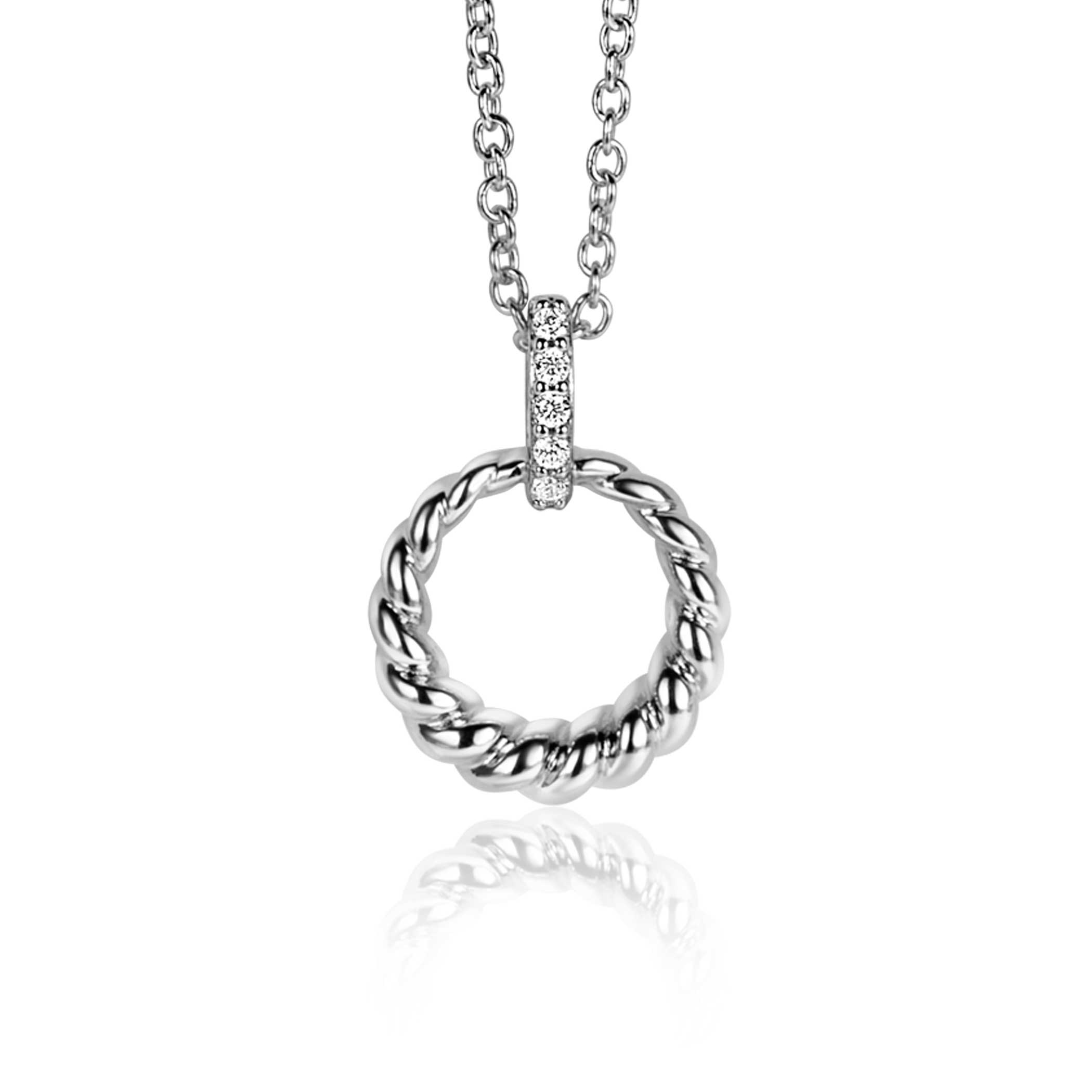 ZINZI zilveren ronde hanger 15mm gedraaid motief, hangoog bezet met witte zirconia's ZIH2403 (exclusief ketting geprijsd)