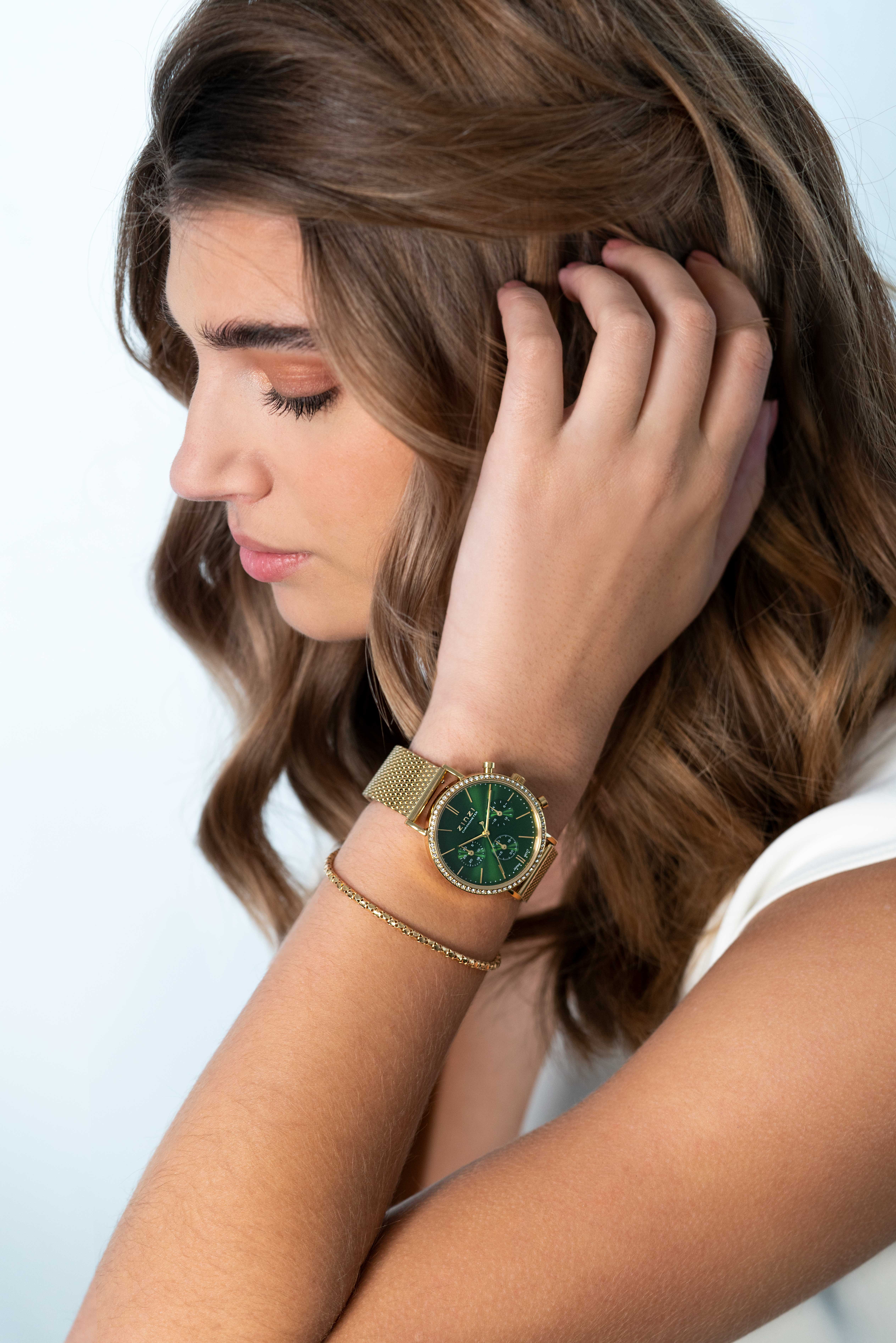 ZINZI horloge CHRONOGRAPH 36mm stopwatch groene wijzerplaat, geelgoudkleurige stalen kast met crystals, geelgoudkleurige stalen mesh band 18mm ZIW1635
