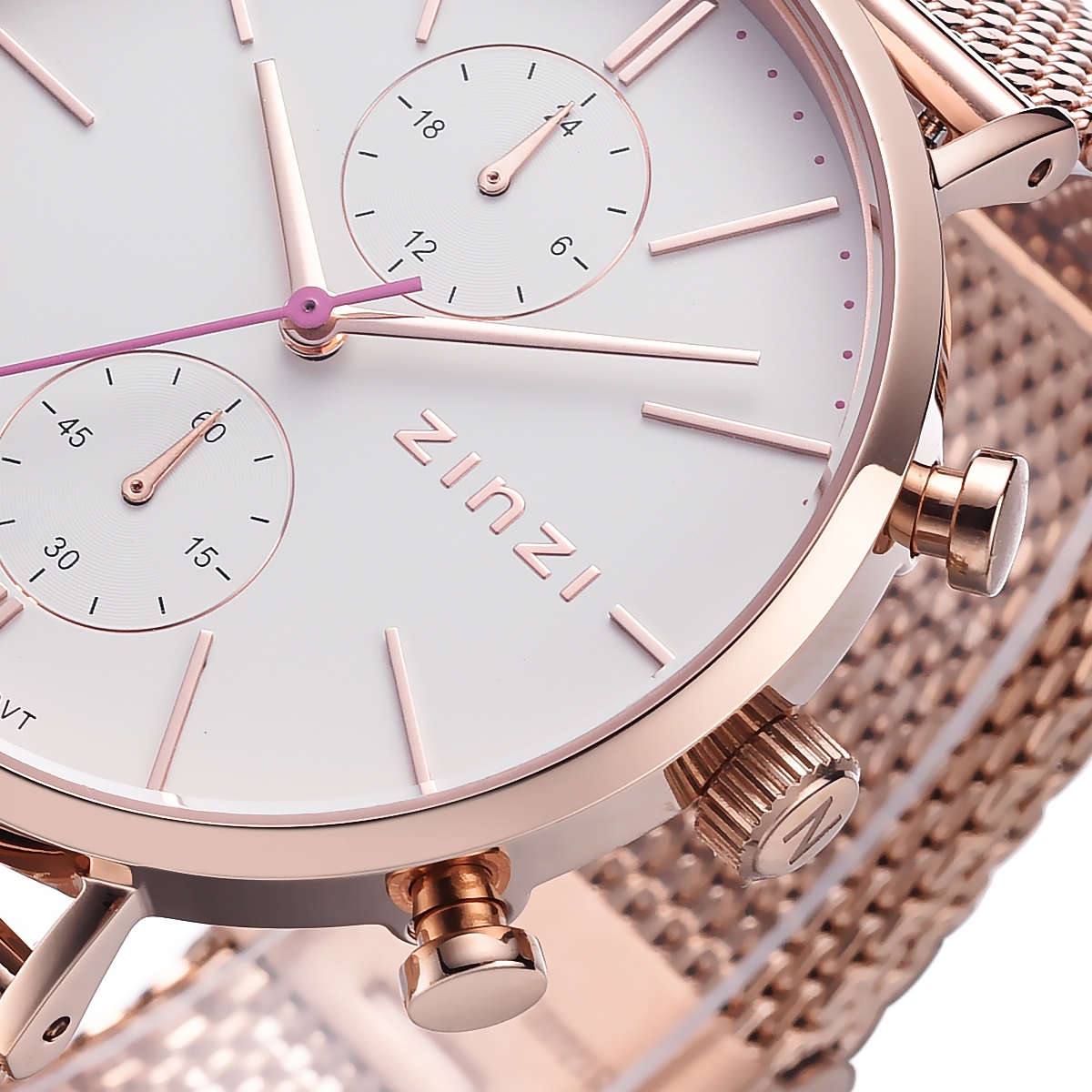 ZINZI Traveller horloge witte wijzerplaat en roségoudkleurige kast stalen mesh band roségoudkleurig 39mm dual time ZIW708M