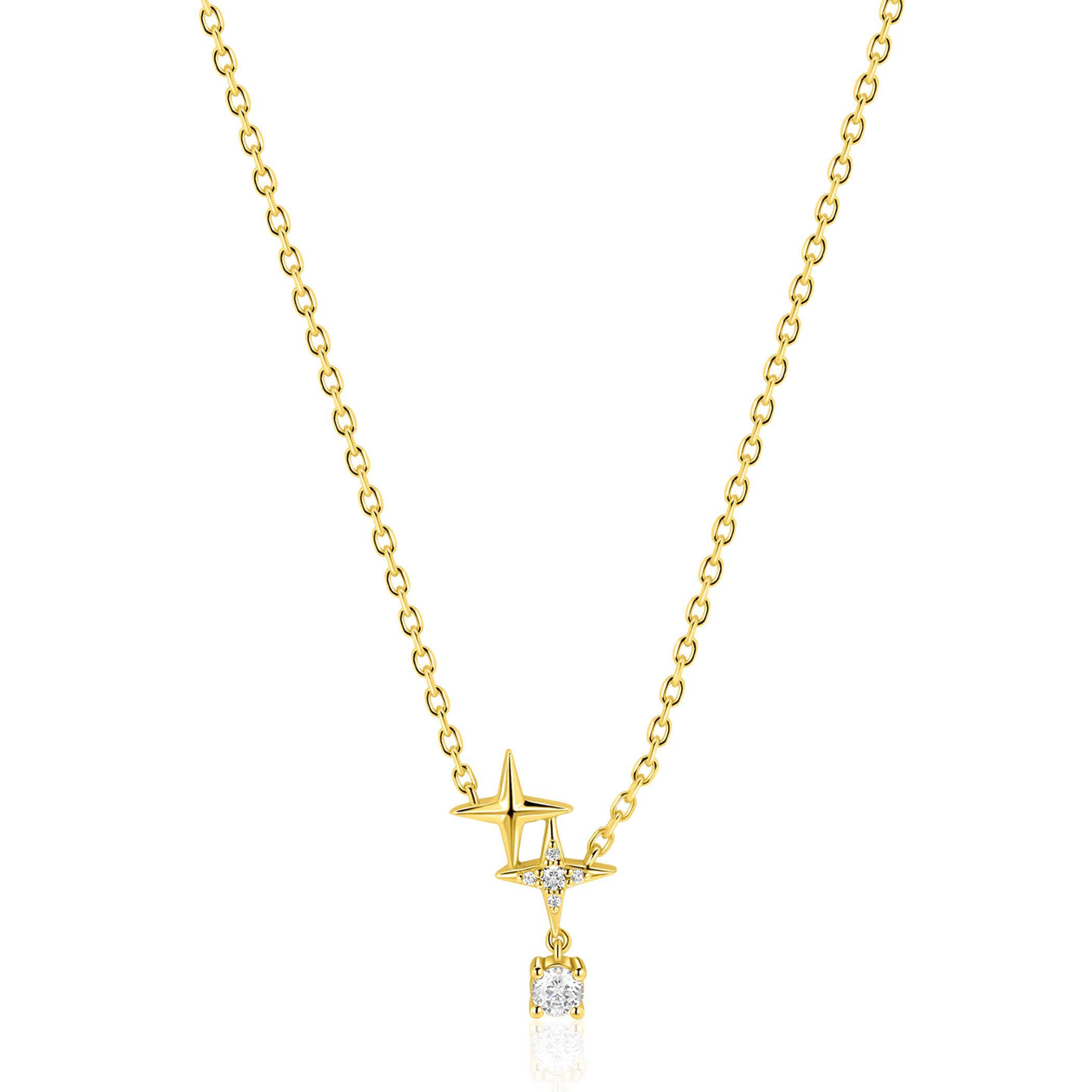 ZINZI goldplated zilveren ketting 45cm 'sterrendans' met twee speelse sterren en bungelende witte zirkonia ZIC2837