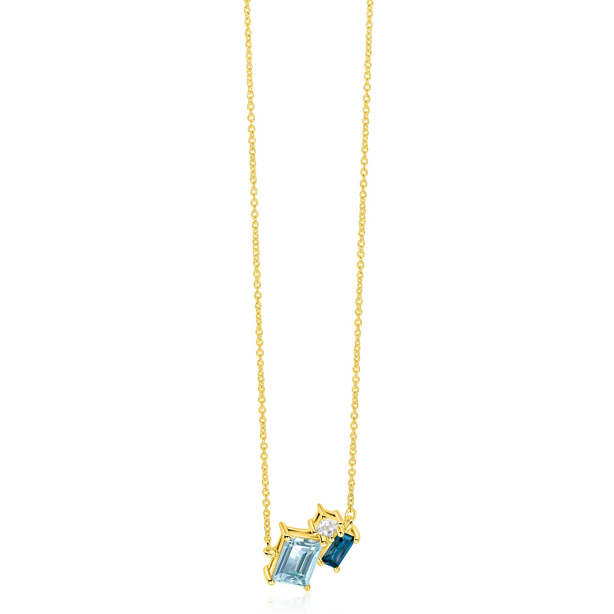 ZINZI gold plated zilveren collier 45cm met geometrische hanger (14mm) in lichtblauw, petrolblauw en wit ZIC2897