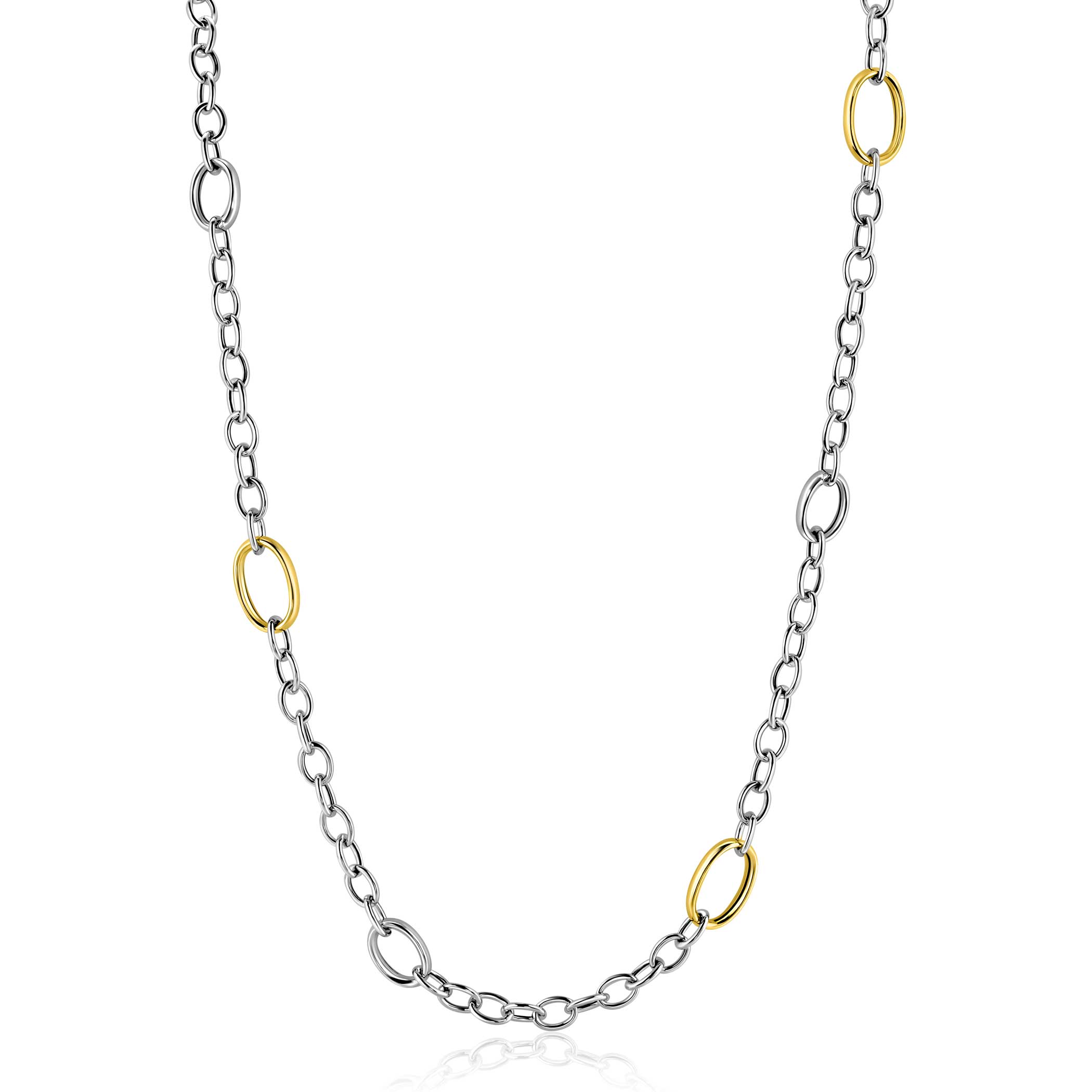 ZINZI bicolor zilveren schakelketting 70cm met drie ovale goldplated schakels ZIC2785