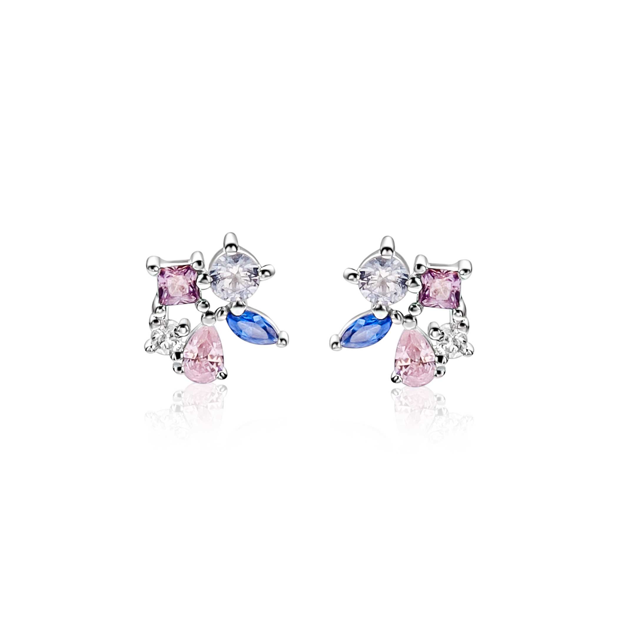 8mm ZINZI zilveren oorstekers bezet met een speelse combinatie van witte, roze, paarse en blauwe kleurstenen in verschillende slijpvormen ZIO2866