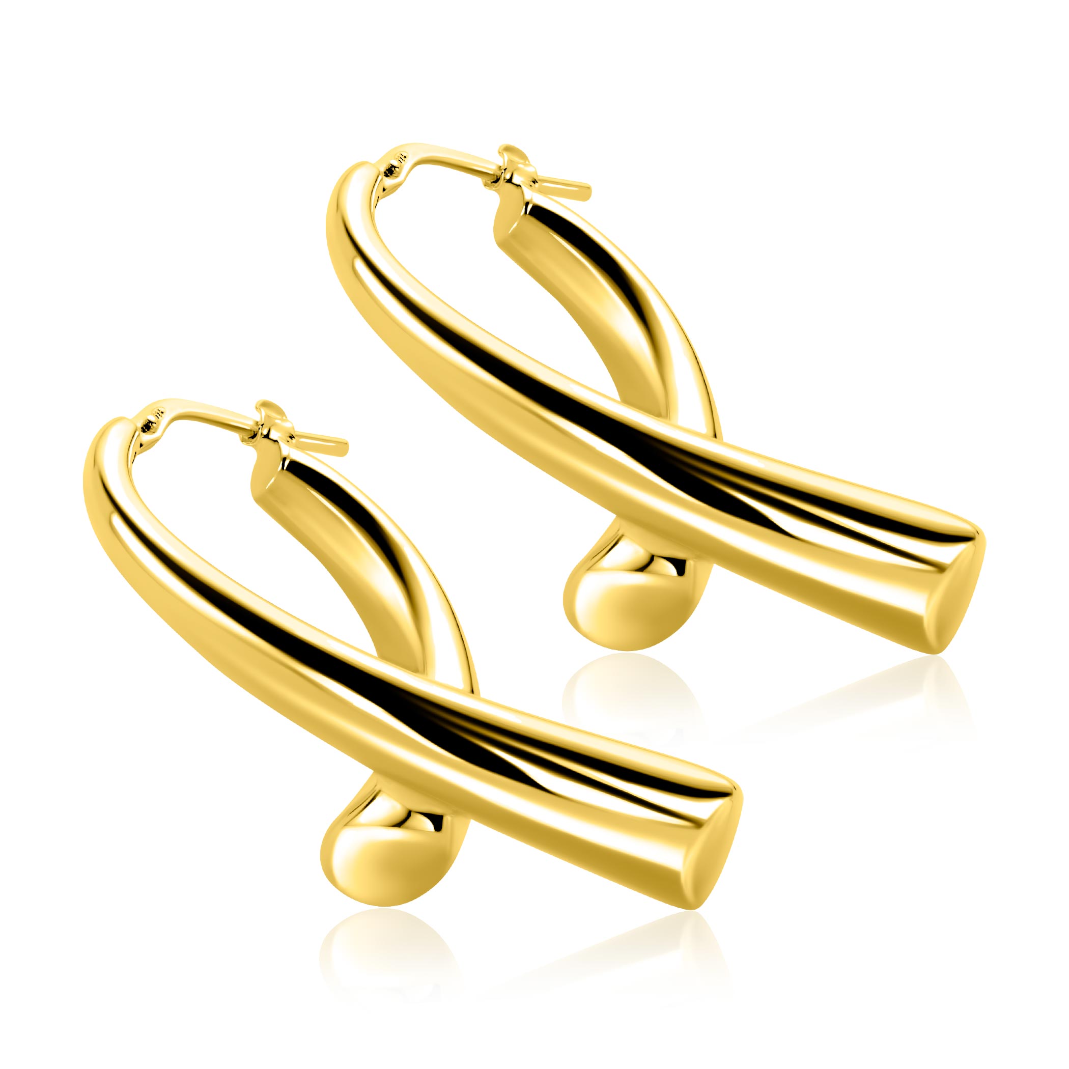 35mm ZINZI goldplated zilveren grote oorringen in organische druppelvorm met vloeiende lijnen en handige bovensluiting ZIO2786G