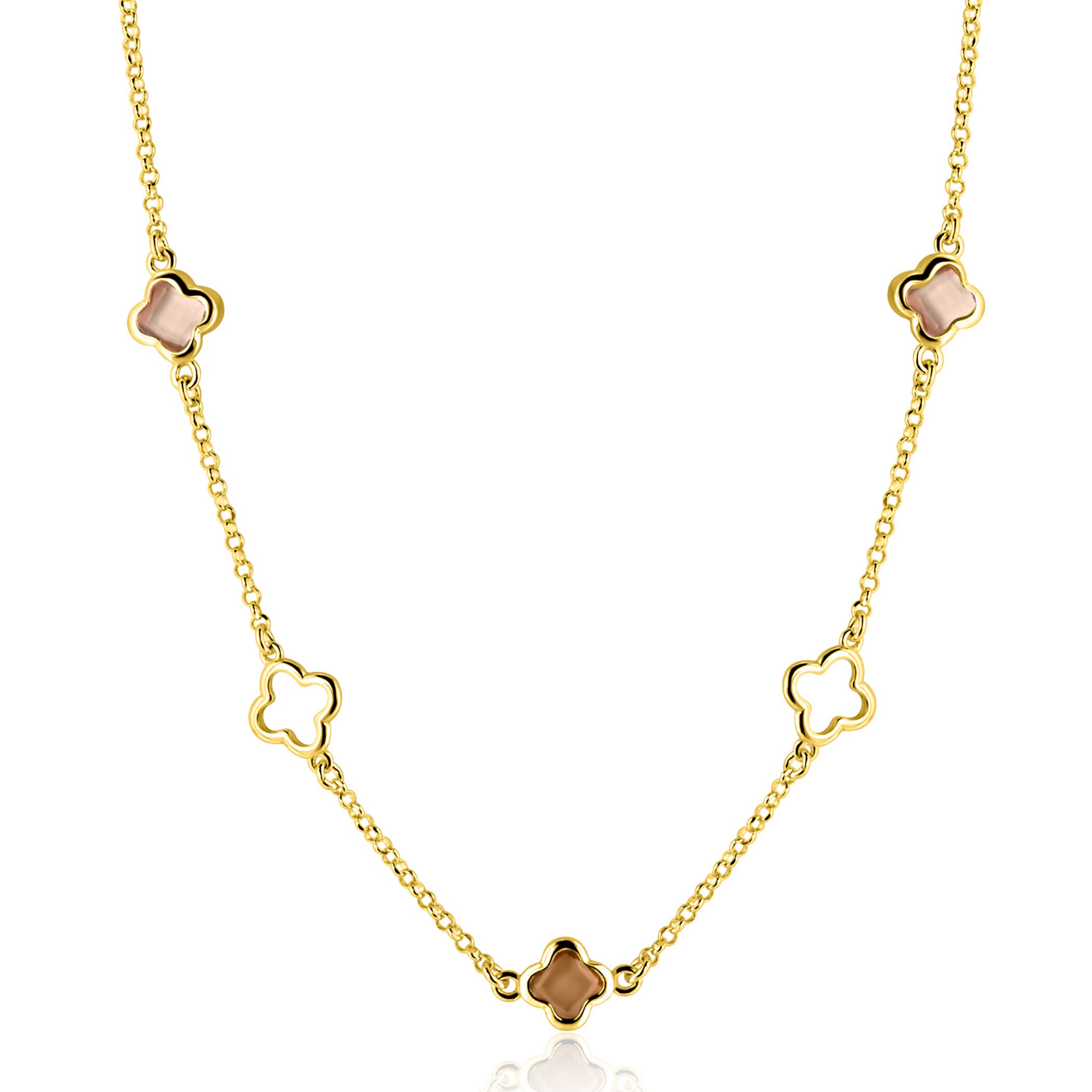 ZINZI gold plated zilveren collier 45cm met drie klavervormige zettingen met bruine kleurstenen ZIC2772