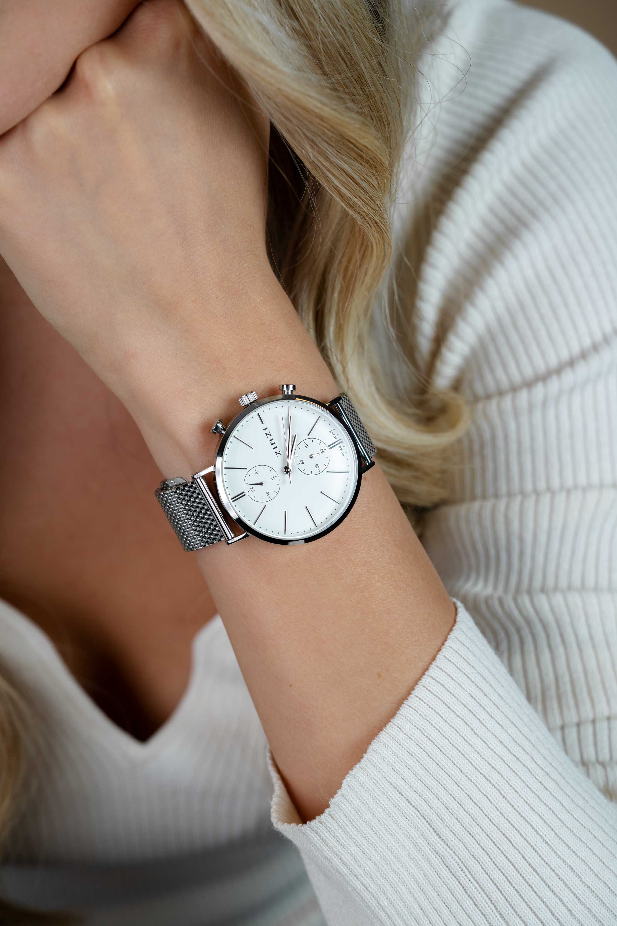 ZINZI watch Traveller witte wijzerplaat stalen kast met stalen mesh 39mm dual time ZIW740M