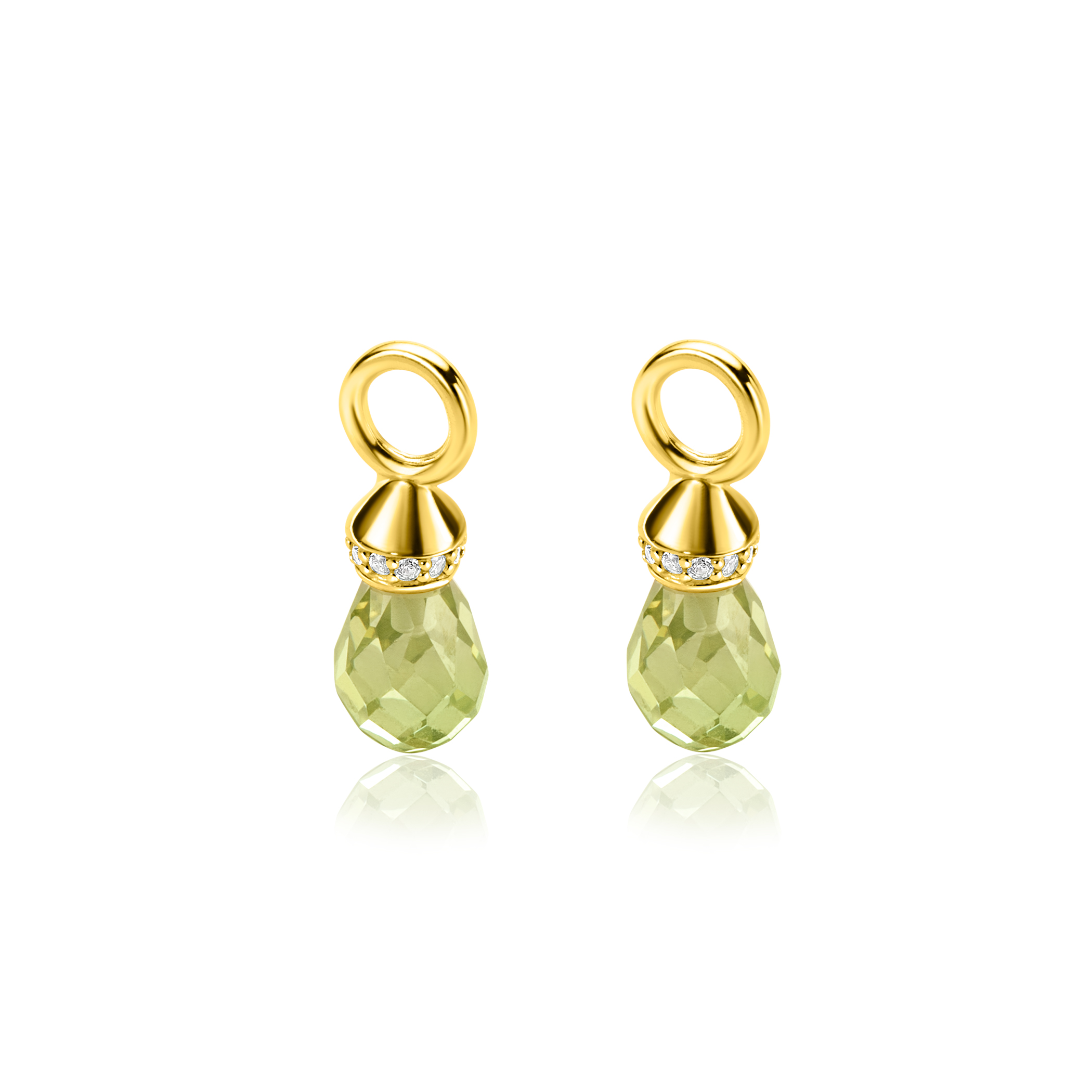 17mm ZINZI gold plated zilveren oorbedels in peervorm groen peridot en witte zirconia's ZICH2429 (zonder oorringen)