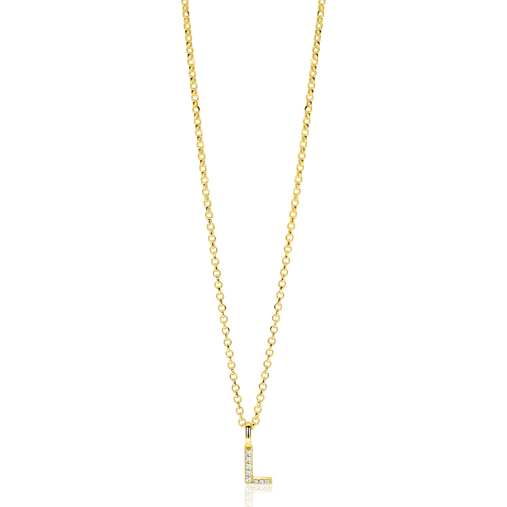 ZINZI gold plated zilveren letter hanger L bezet met witte zirkonia's ZIH2828-L (zonder ketting)