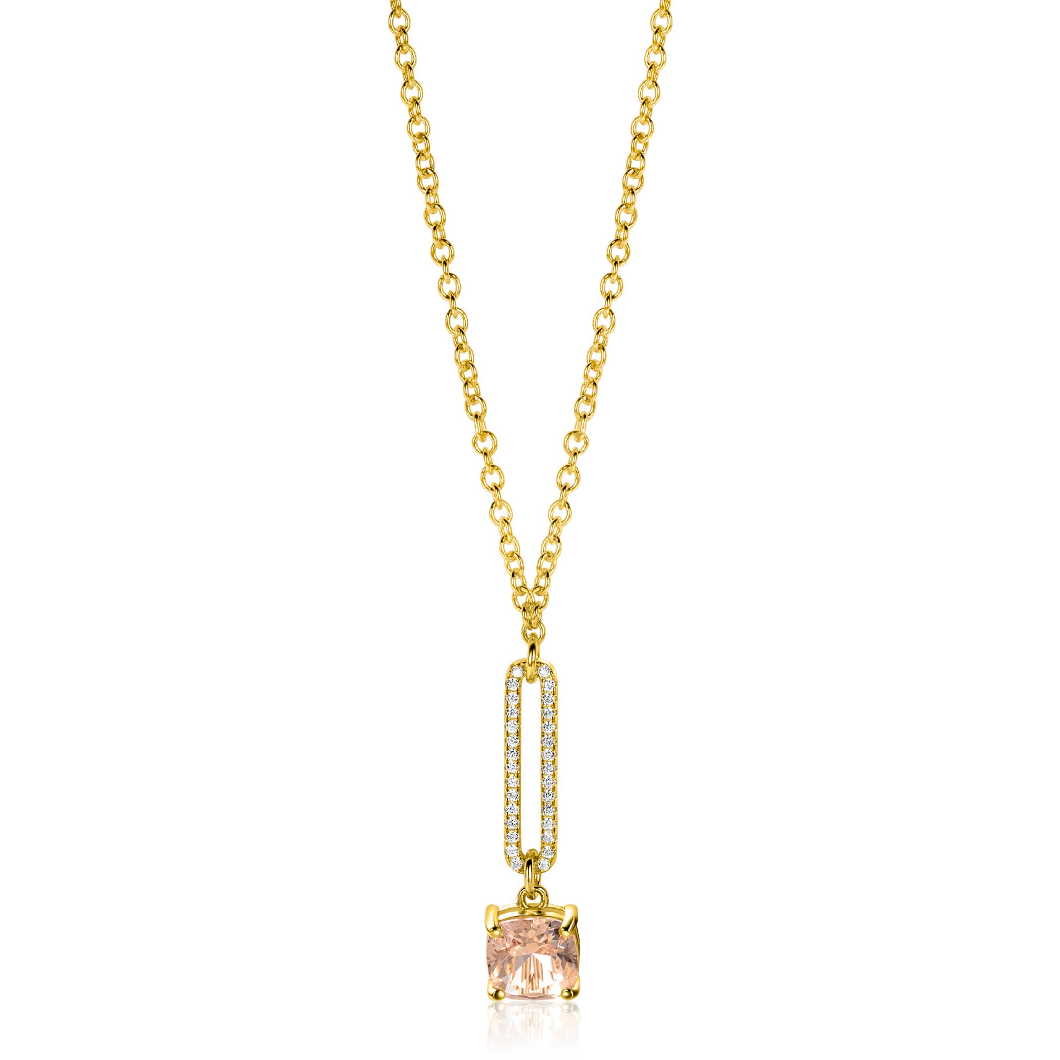 ZINZI gold plated zilveren jasseron ketting met schitterende open ovale vorm en vierkante hanger in licht roze 42-45cm ZIC2579
