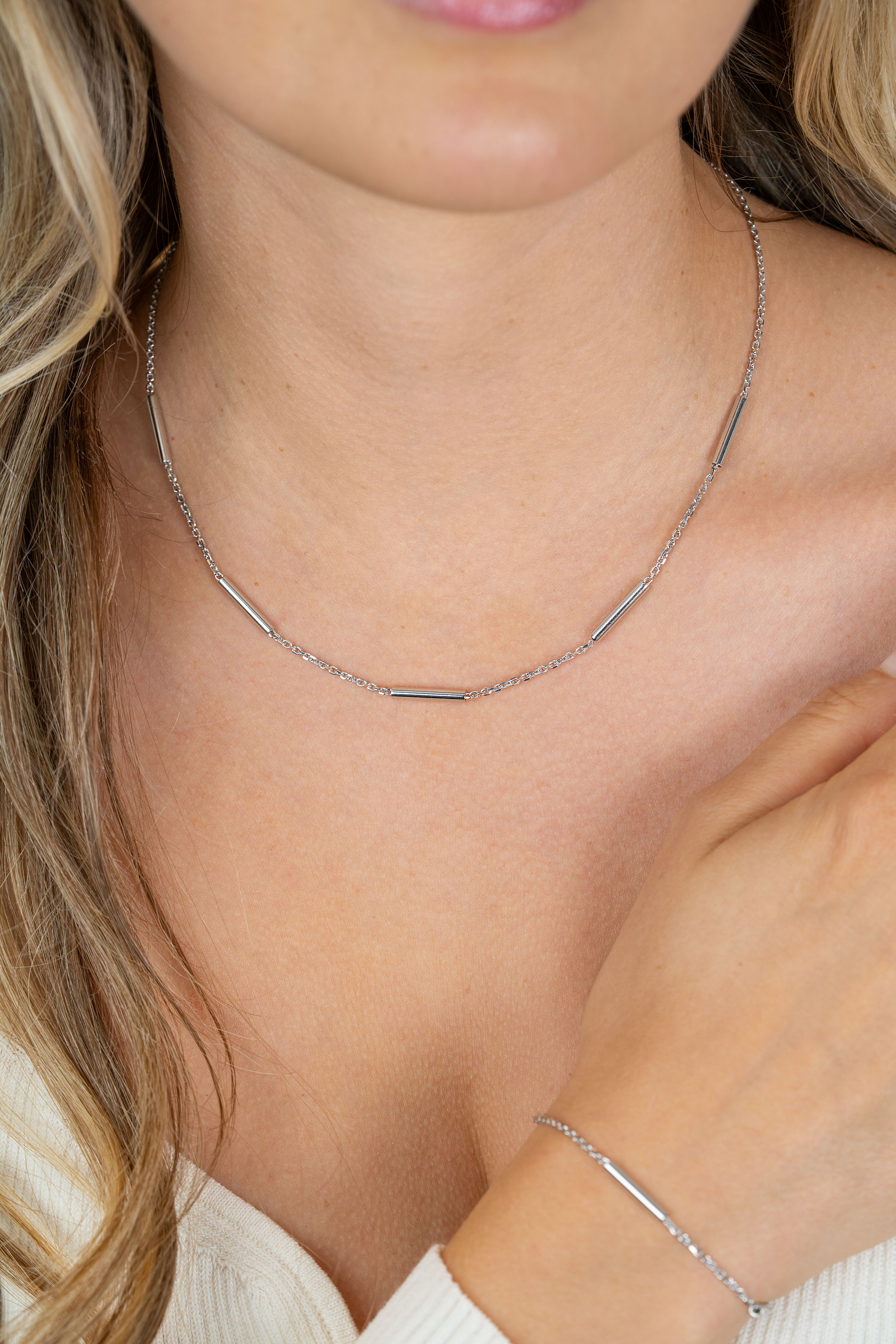 ZINZI zilveren schakelketting 45cm met vijf gladde ronde staafjes ZIC2800