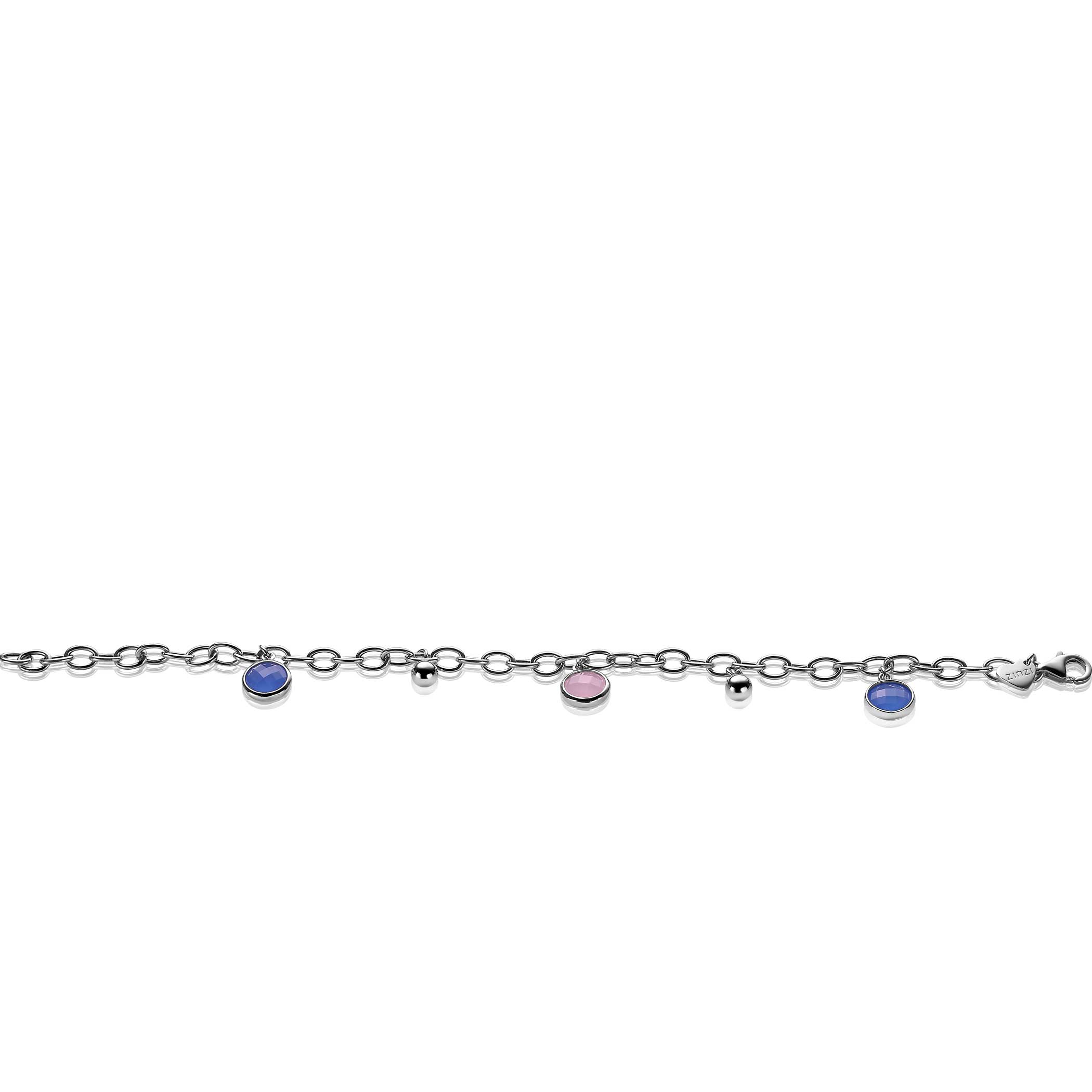 ZINZI zilveren luxe bedelarmband met bolletjes en ronde zettingen roze blauw ZIA2005