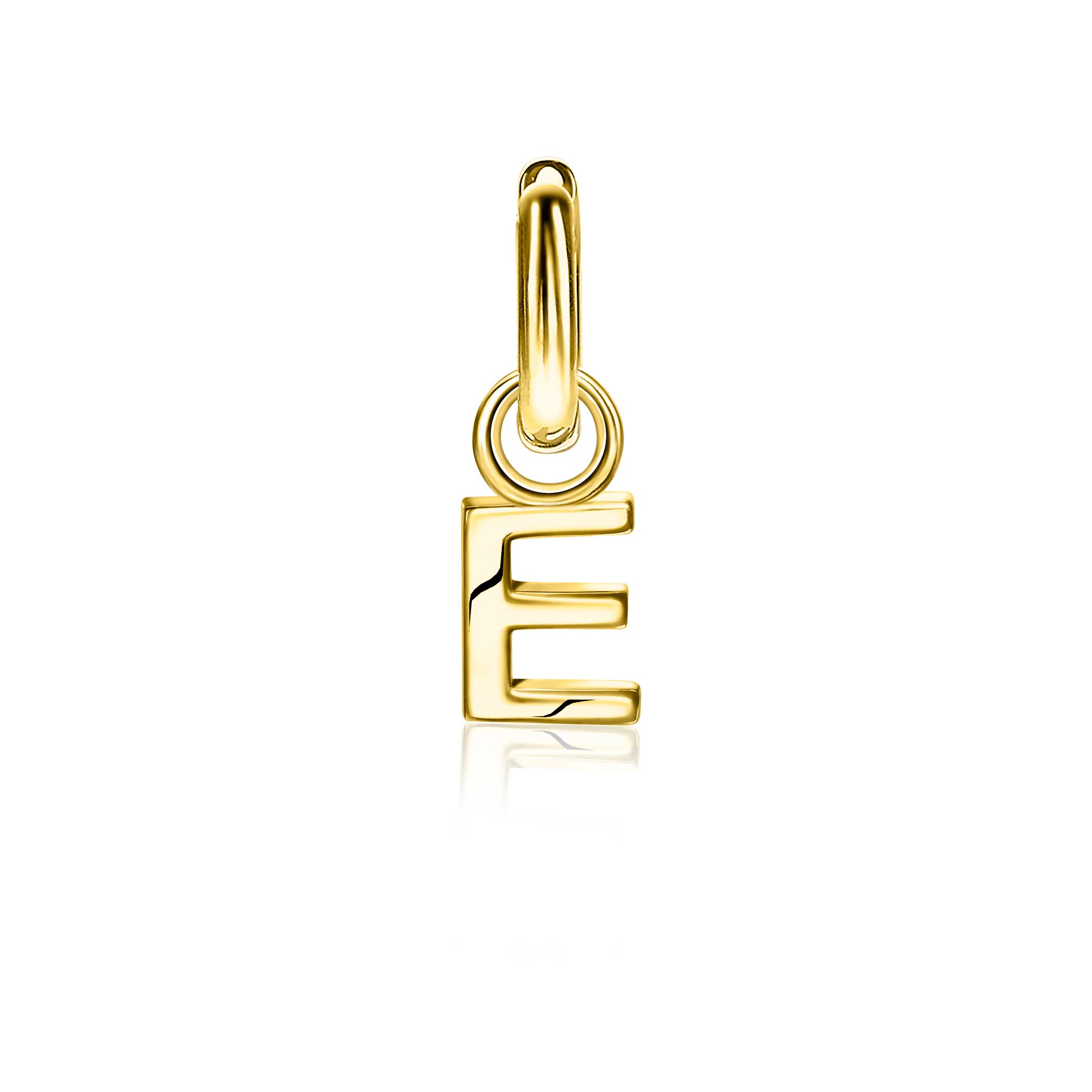 ZINZI zilveren geelvergulde letter oorbedel E per stuk geprijsd ZICH2145E. (zonder oorringen).