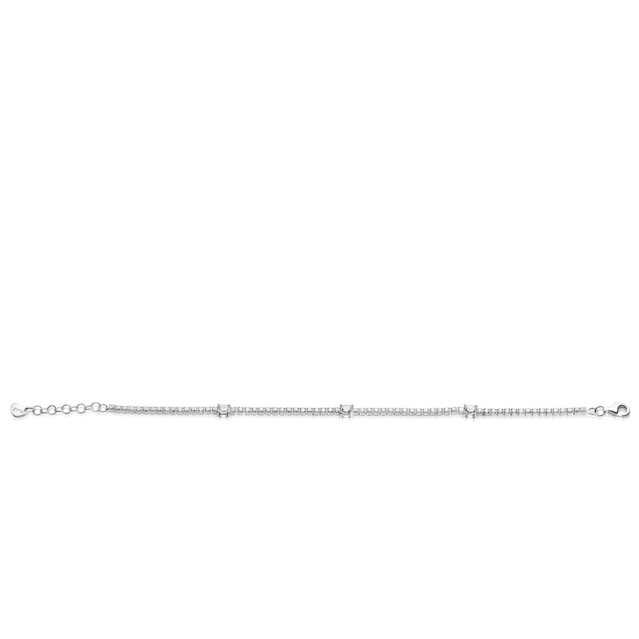 ZINZI zilveren tennisarmband 2,1mm breed bezet met witte zirkonia’s in verfijnde rijzetting, afgewisseld met drie grotere witte zirkonia's (4,3mm) in chatonzetting ZIA2894