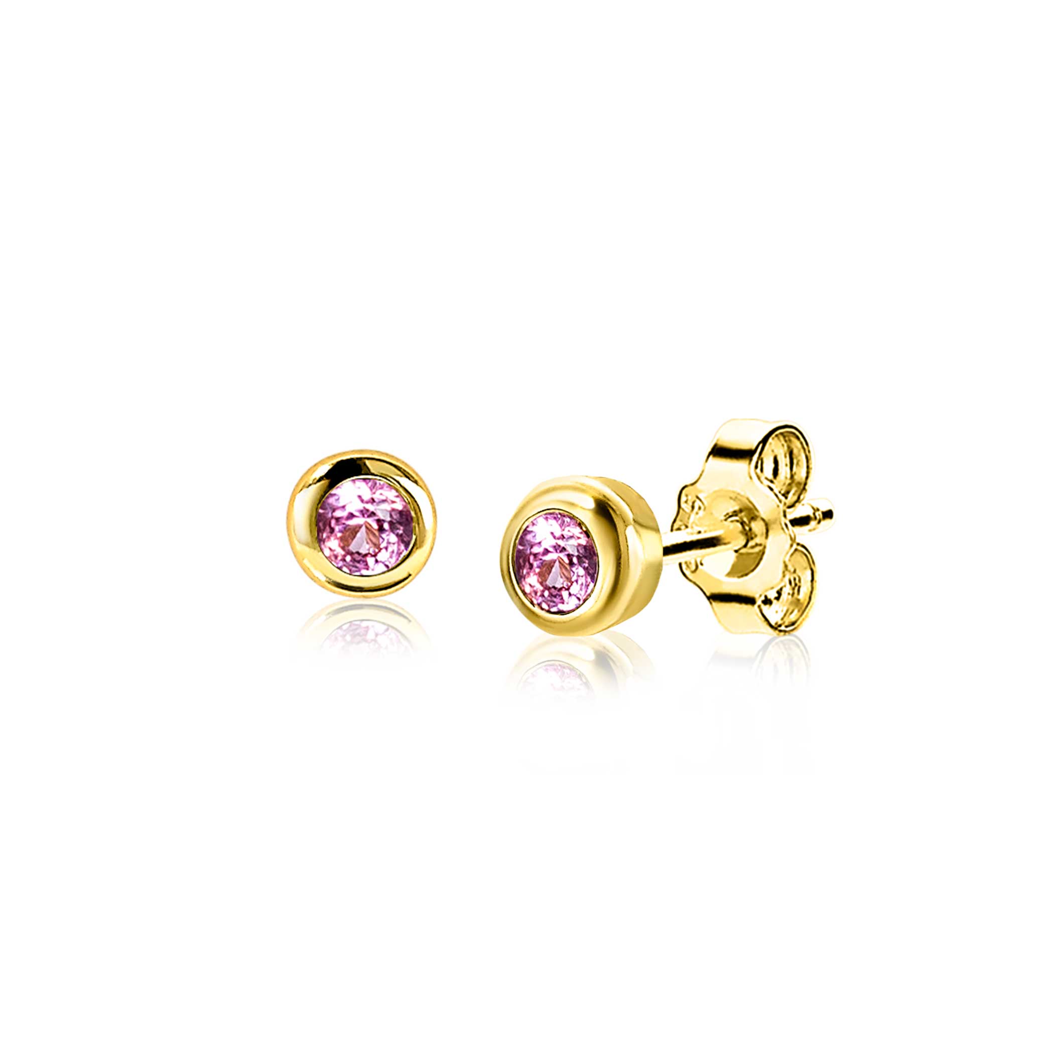 OKTOBER oorknoppen 4mm gold plated met geboortesteen roze rozenkwarts zirconia