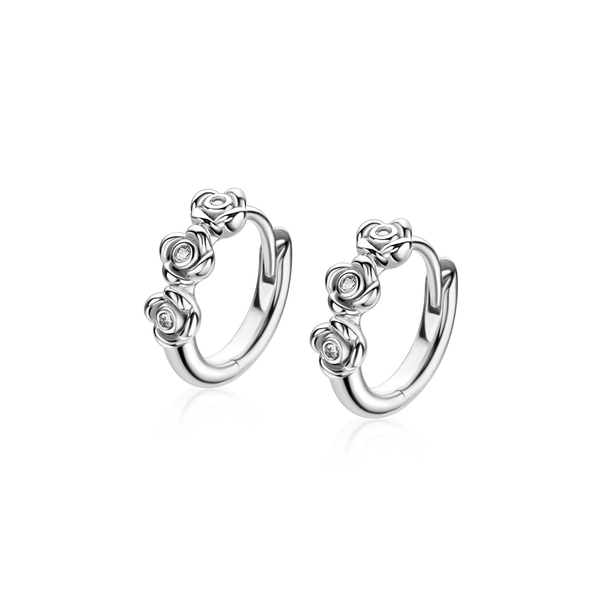 13mm ZINZI zilveren oorringen met drie roosjes, bezet met witte zirkonia’s, luxe klapsluiting ZIO2873