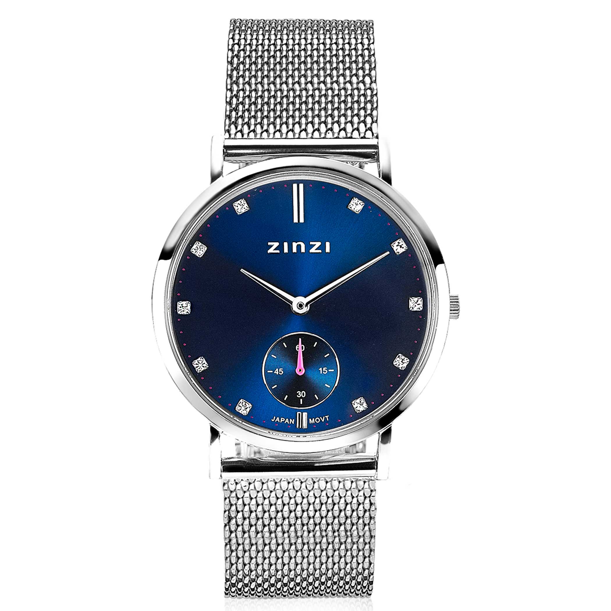 Zinzi Glam horloge donkerblauwe wijzerplaat en kast stalen mesh band, witte  crystals bij uuraanduiding, extra secondemeter, 34mm extra dun ZIW525M