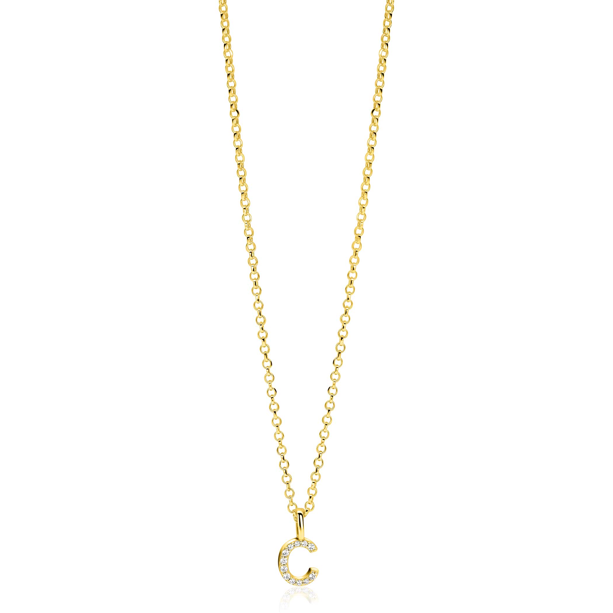 ZINZI gold plated zilveren letter hanger C bezet met witte zirkonia's ZIH2828-C (zonder ketting)
