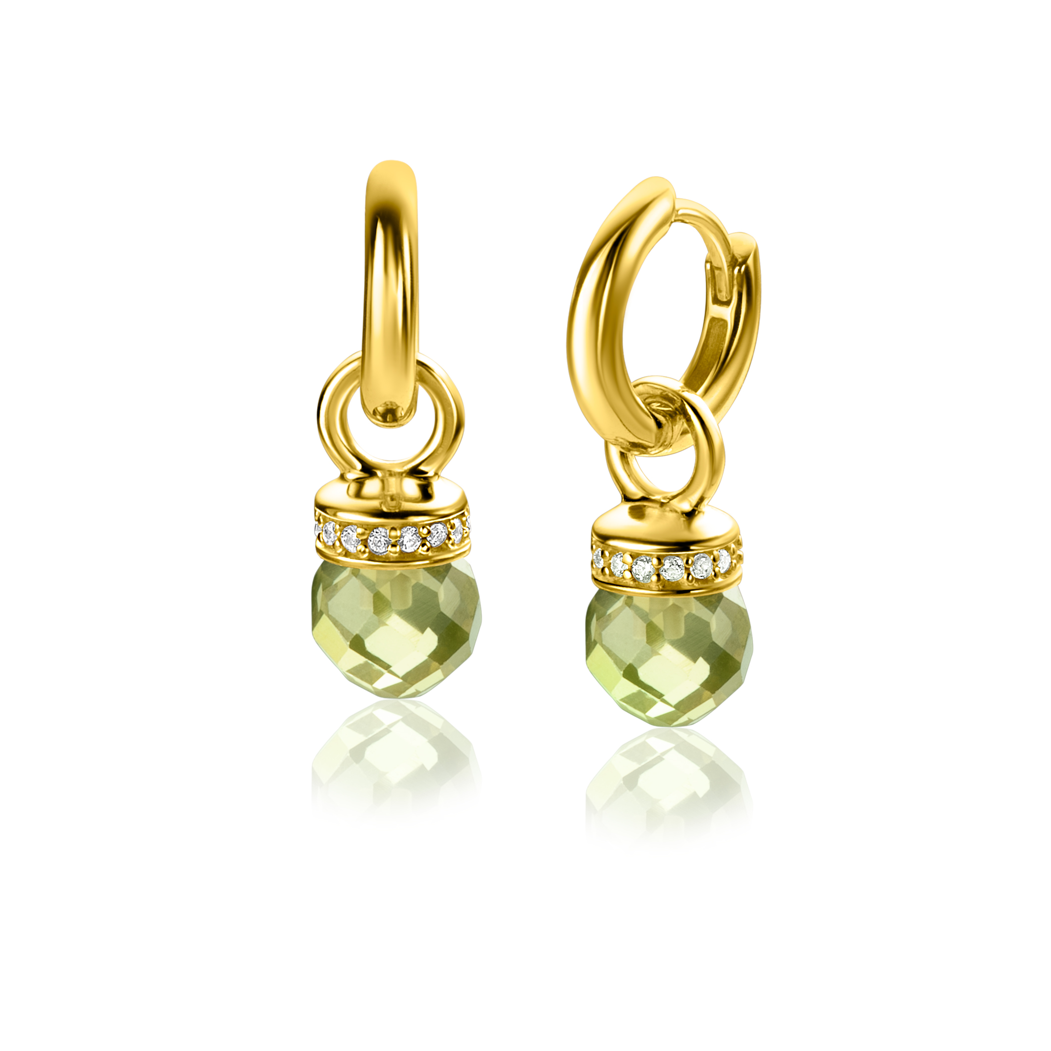 15mm ZINZI gold plated zilveren oorbedels met ronde groen peridot kleurstenen en bezet met witte zirconia's ZICH2428 (zonder oorringen)