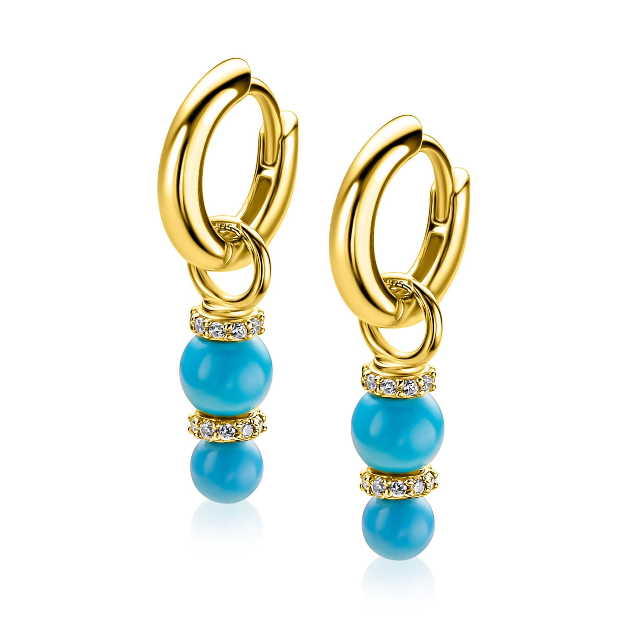 16mm ZINZI gold plated zilveren oorbedels met twee turquoise parels onder elkaar waarbij de top is bezet met witte zirconia's ZICH2864T (zonder oorringen)