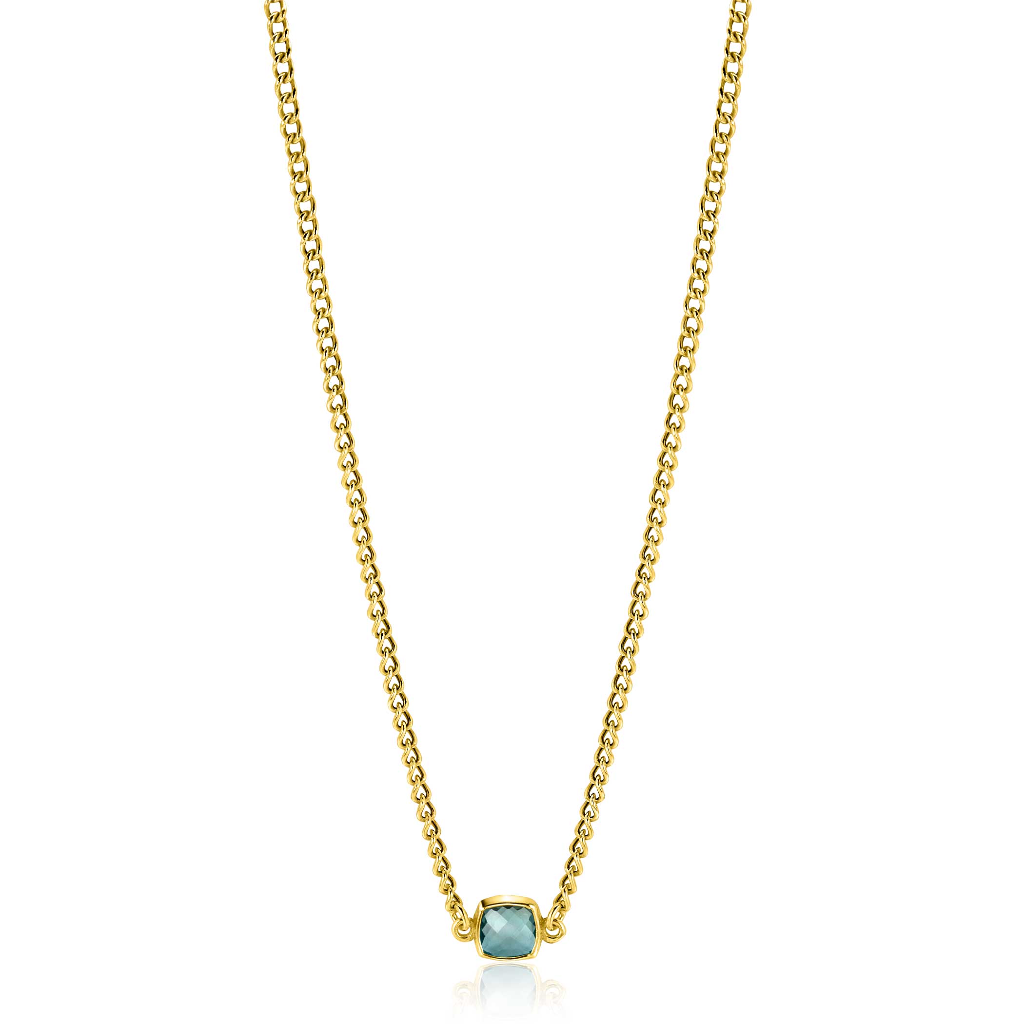 ZINZI gold plated zilveren gourmet ketting met vierkante zetting bezet met indigo blauwe kleursteen 40-45cm ZIC2417G