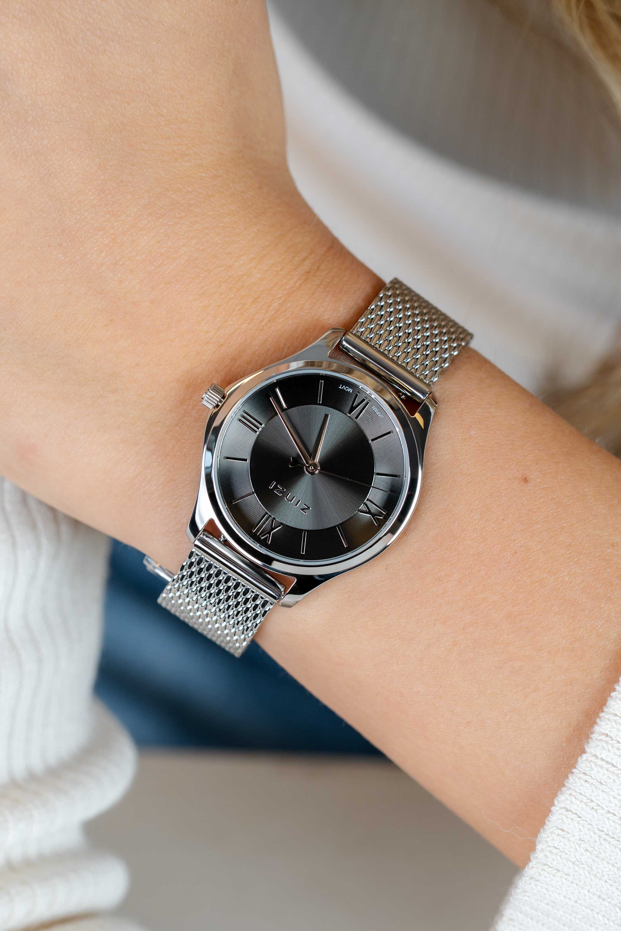 ZINZI Classy Mini horloge 30mm grijze wijzerplaat stalen kast en meshband ZIW1224M
