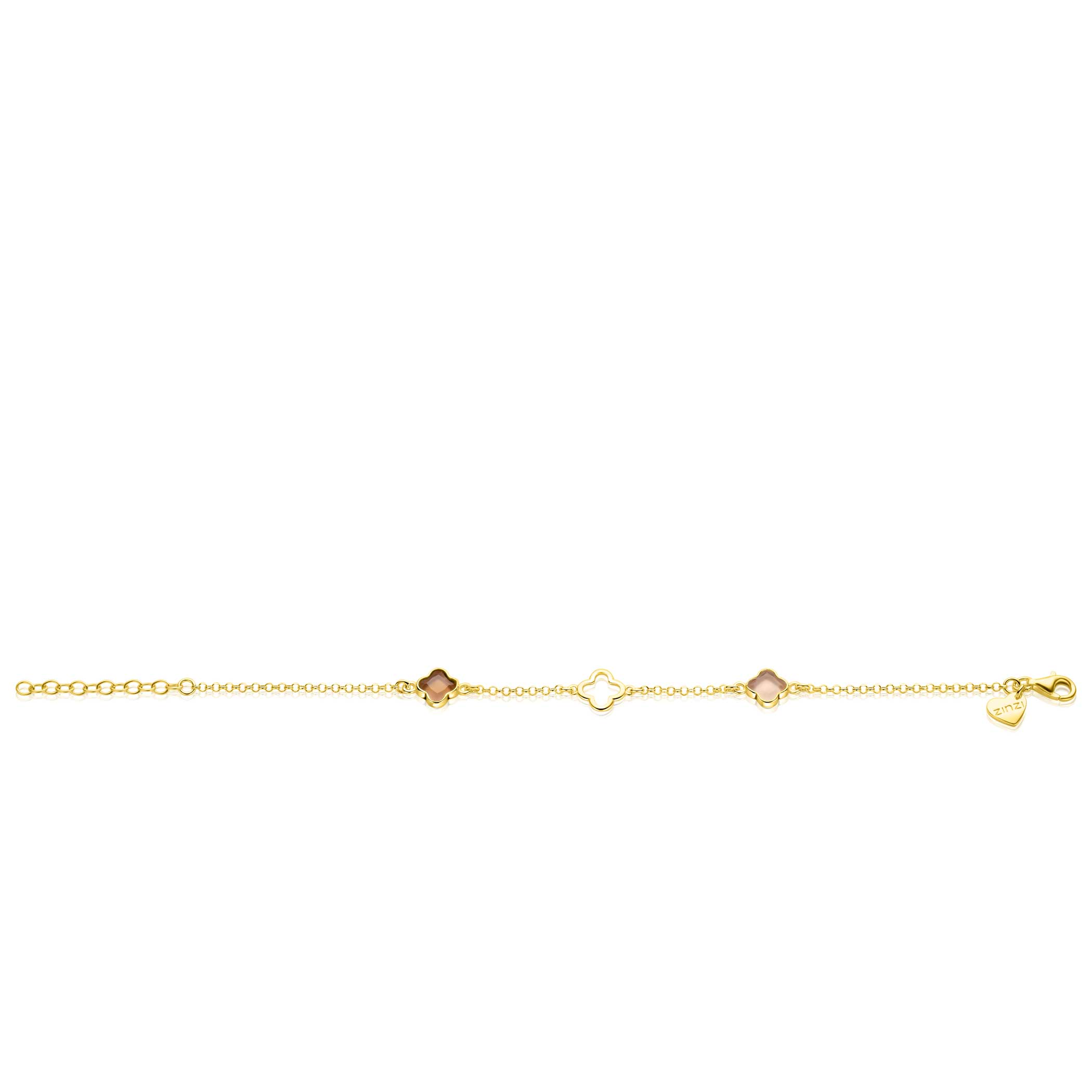 ZINZI gold plated zilveren armband met drie klavervormige zettingen met bruine kleurstenen ZIA2772
