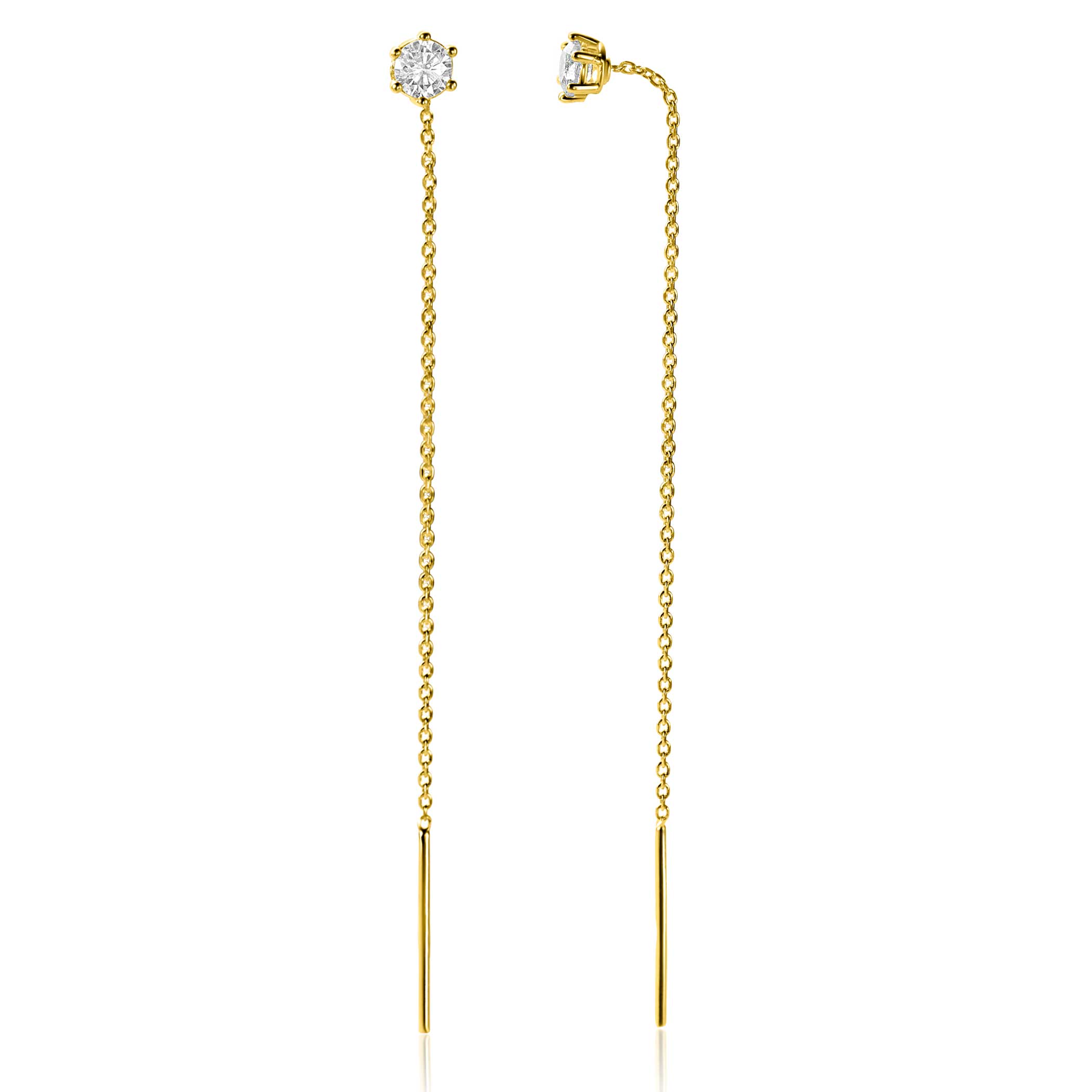 80mm ZINZI gold plated zilveren doortrek oorbellen met chatonzetting 5mm witte zirconia en sierlijk kettinkje ZIO2576Y
