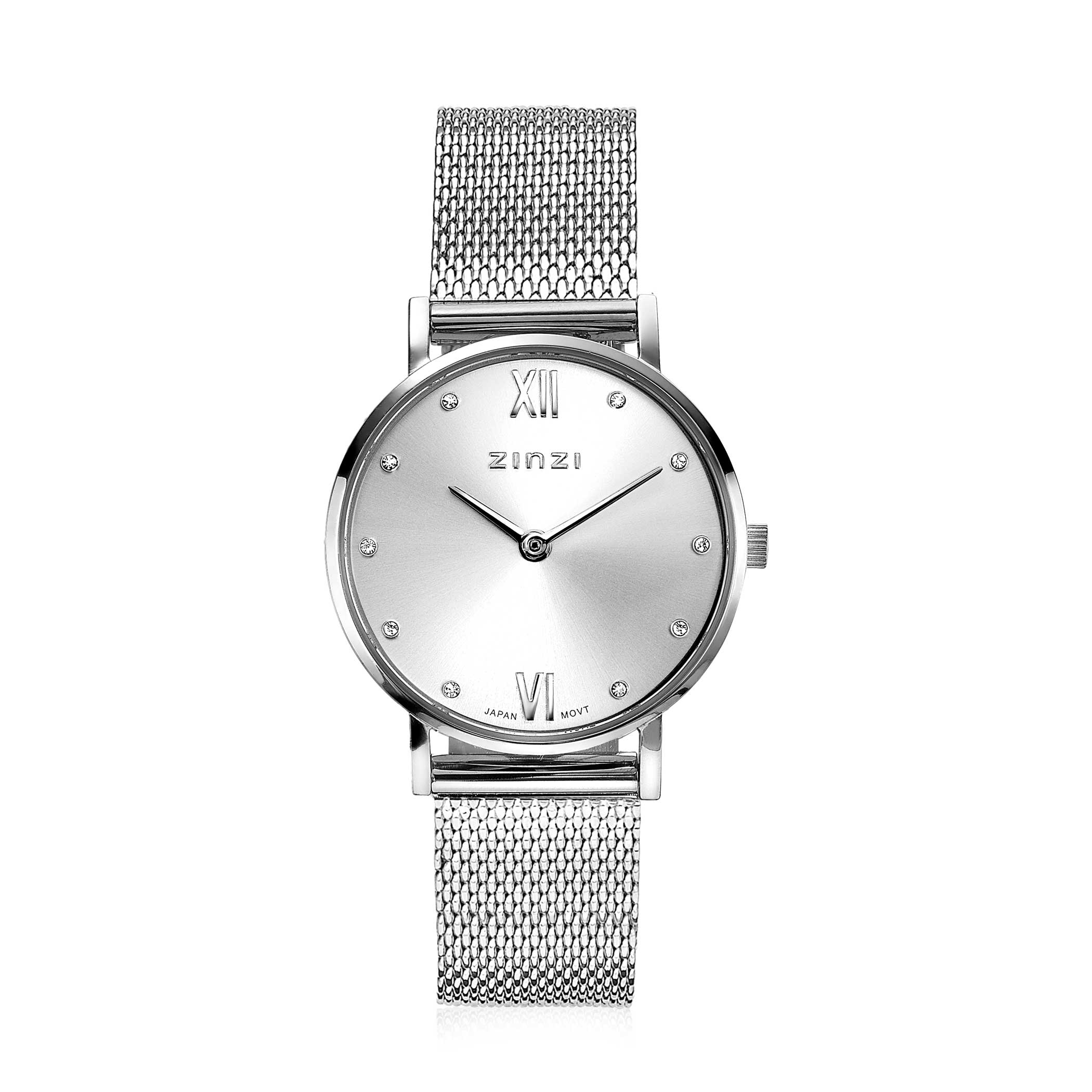 ZINZI Lady Crystal horloge zilvergekleurde wijzerplaat en kast stalen mesh band, witte crystals bij uuraanduiding, 28mm extra dun ZIW628M
