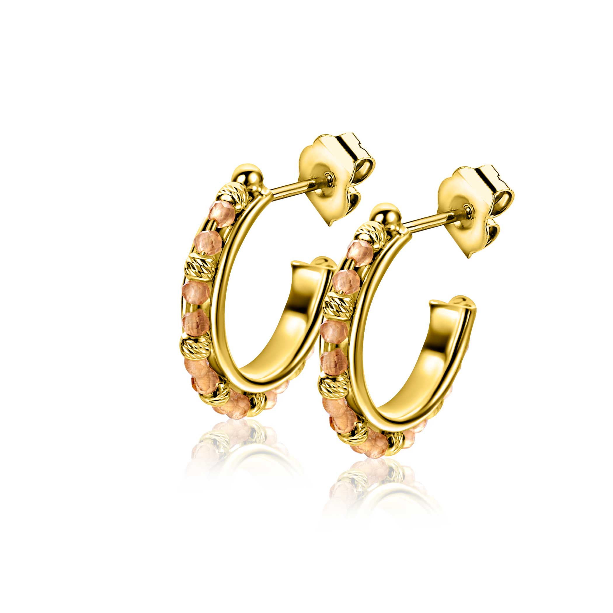 20mm ZINZI gold plated zilveren oorstekers met ronde champagne beads en bewerkte bolletjes ZIO-BF128