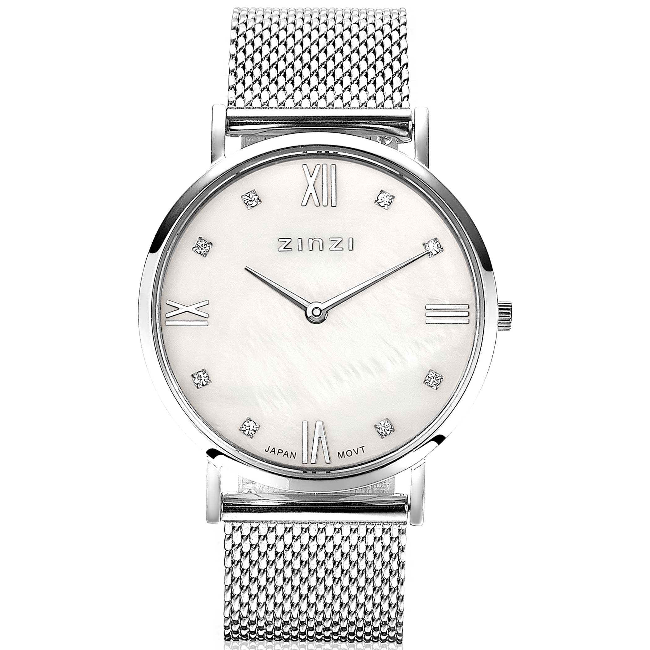 ZINZI Roman horloge witte parelmoer wijzerplaat, witte zirconia's bij uuraanduiding, stalen mesh band 34mm extra dun ZIW521M