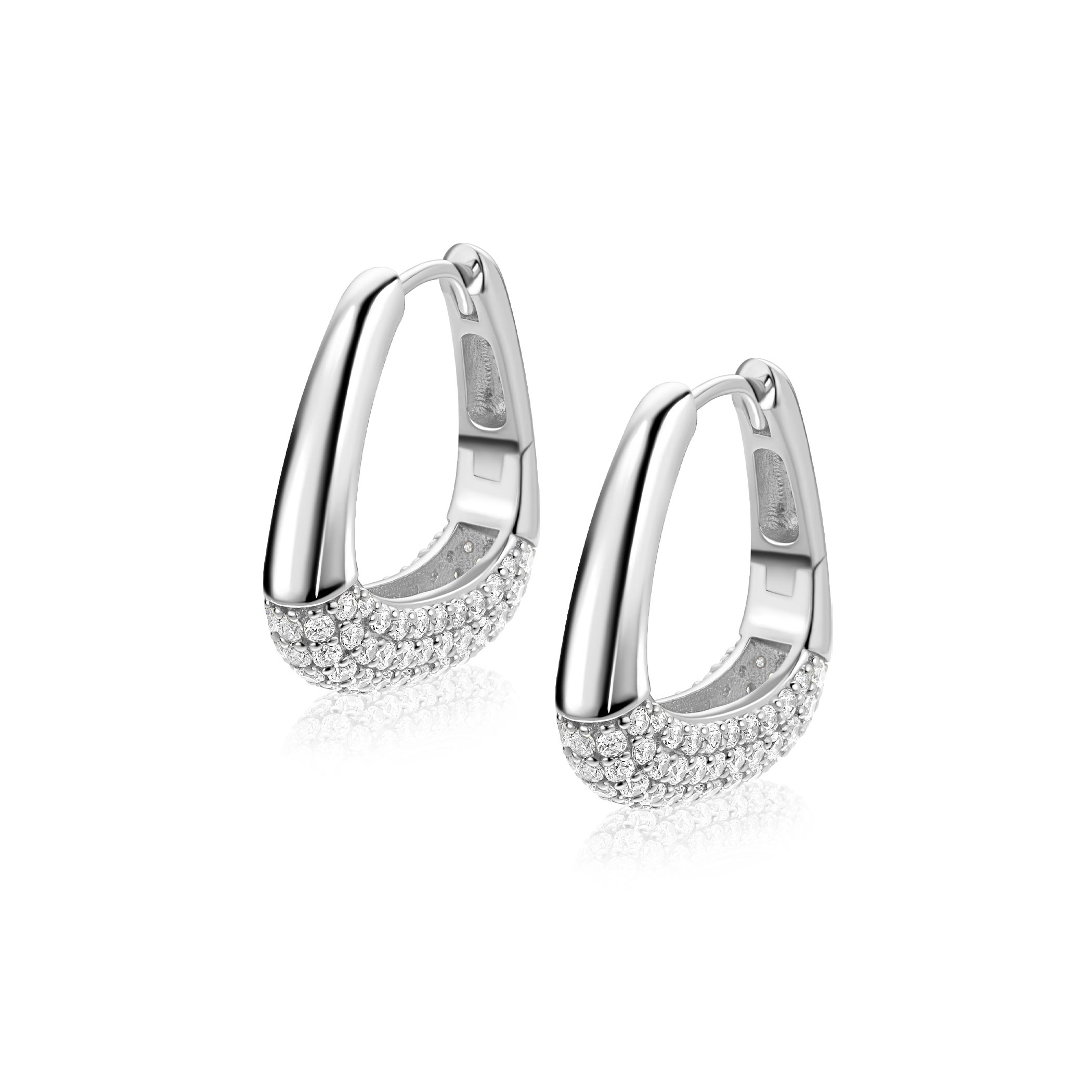 21mm ZINZI zilveren oorringen glad in een trendy tasvorm, sierlijk bezet met witte zirkonia's en luxe klapsluiting ZIO2806